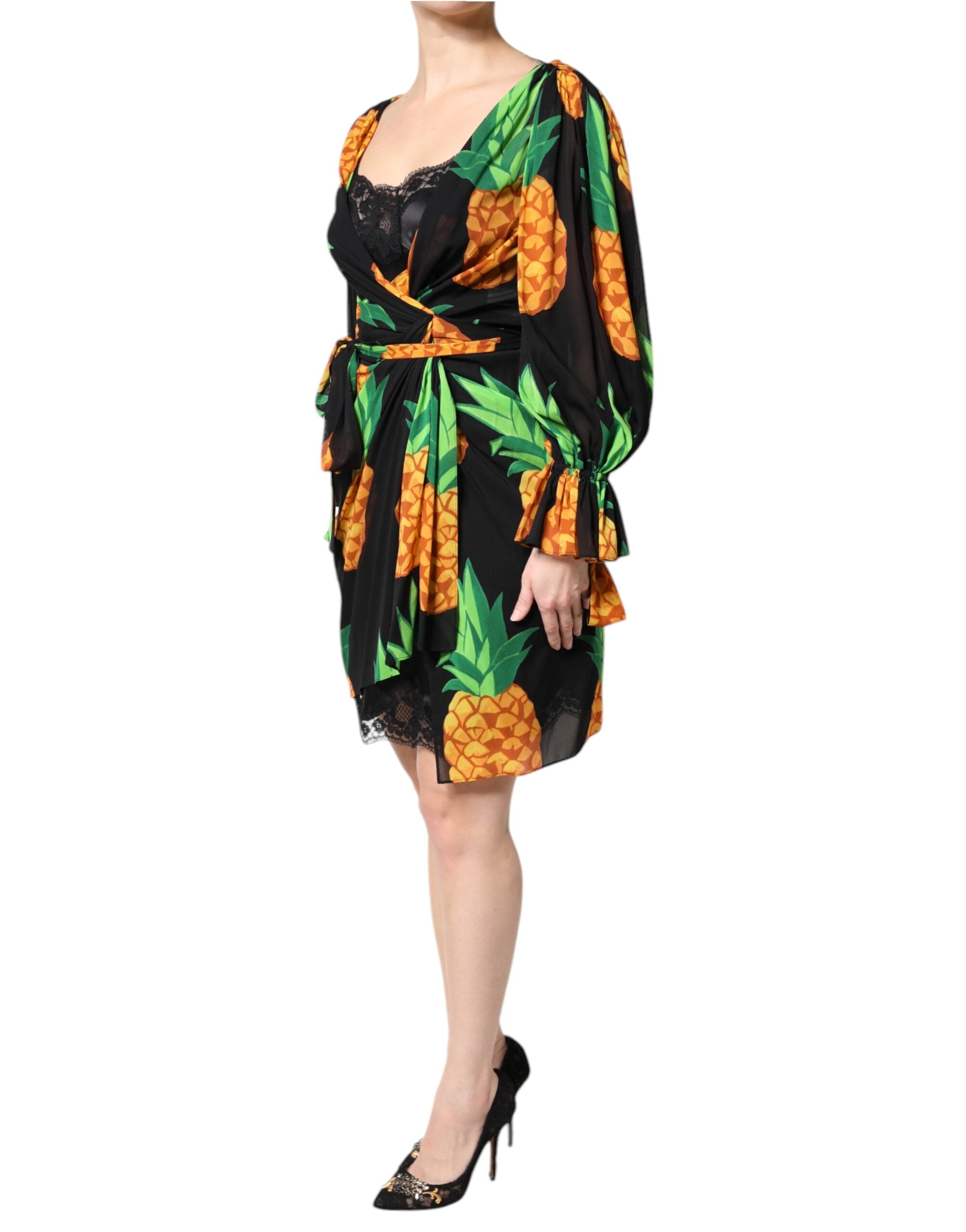 Vestido cruzado de seda negra con estampado de piña drapeado de Dolce & Gabbana-3