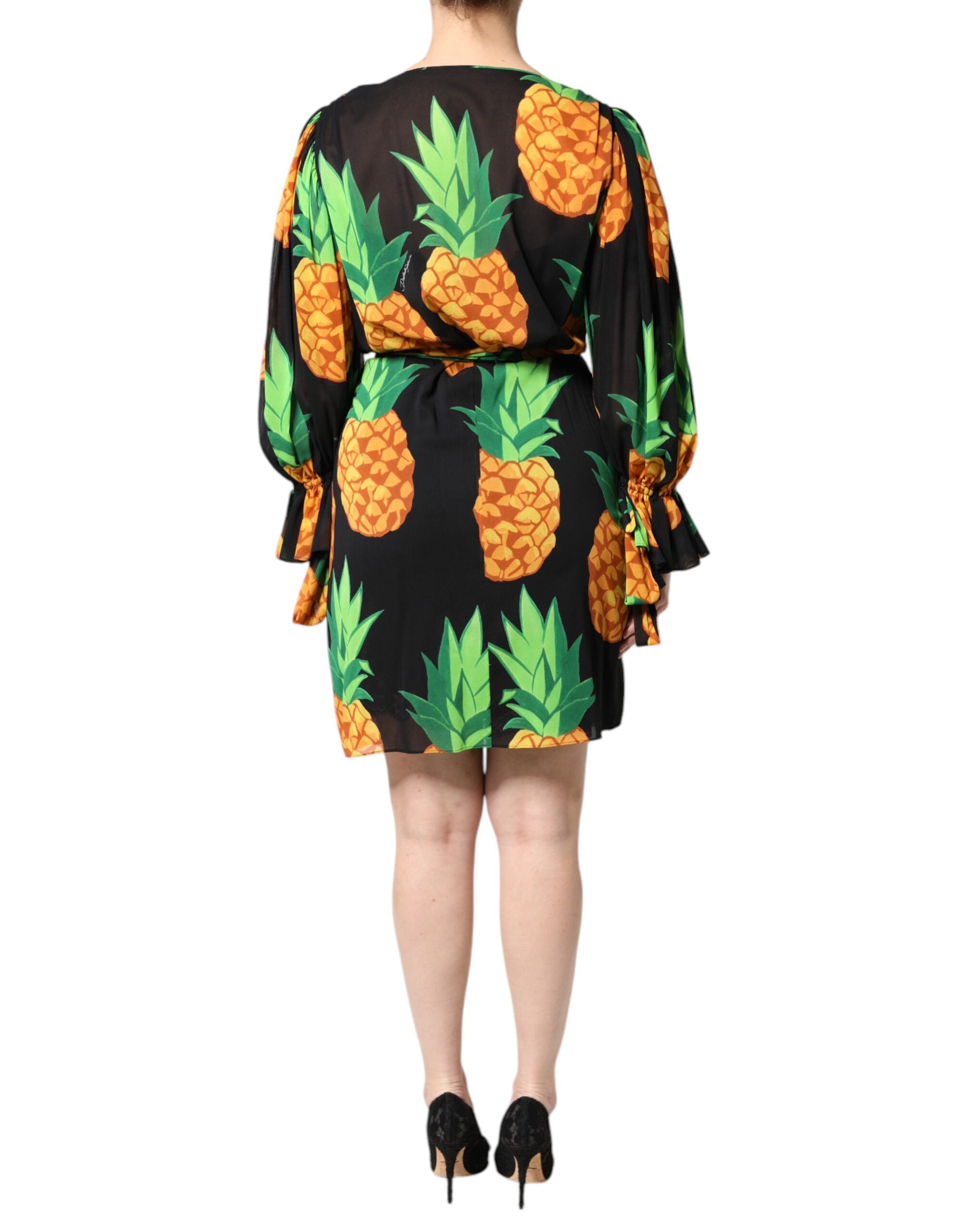 Vestido cruzado de seda negra con estampado de piña drapeado de Dolce & Gabbana-4