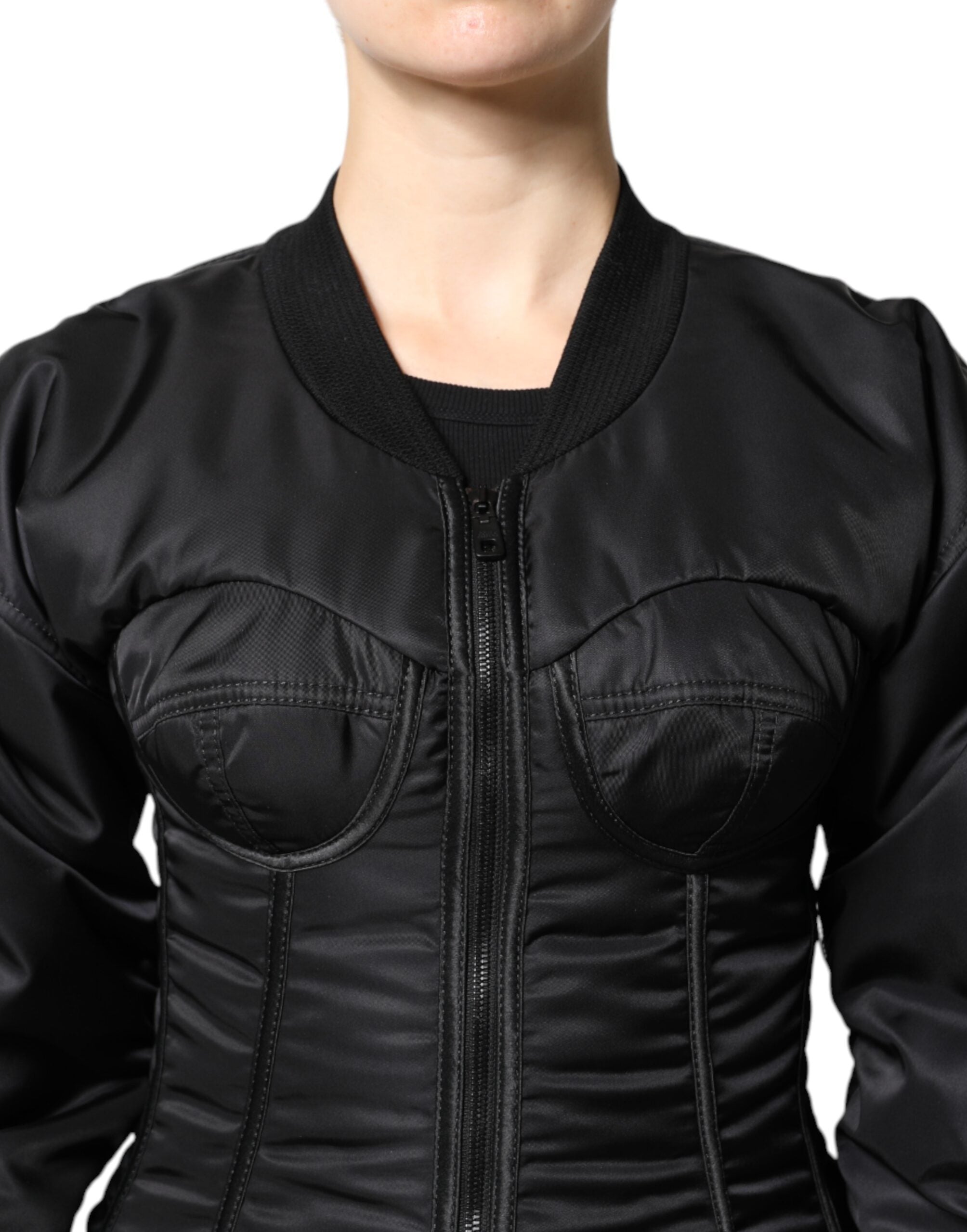 Dolce & Gabbana Schwarzes Nylon Full Zip Bustier Korsett Jacke-6
