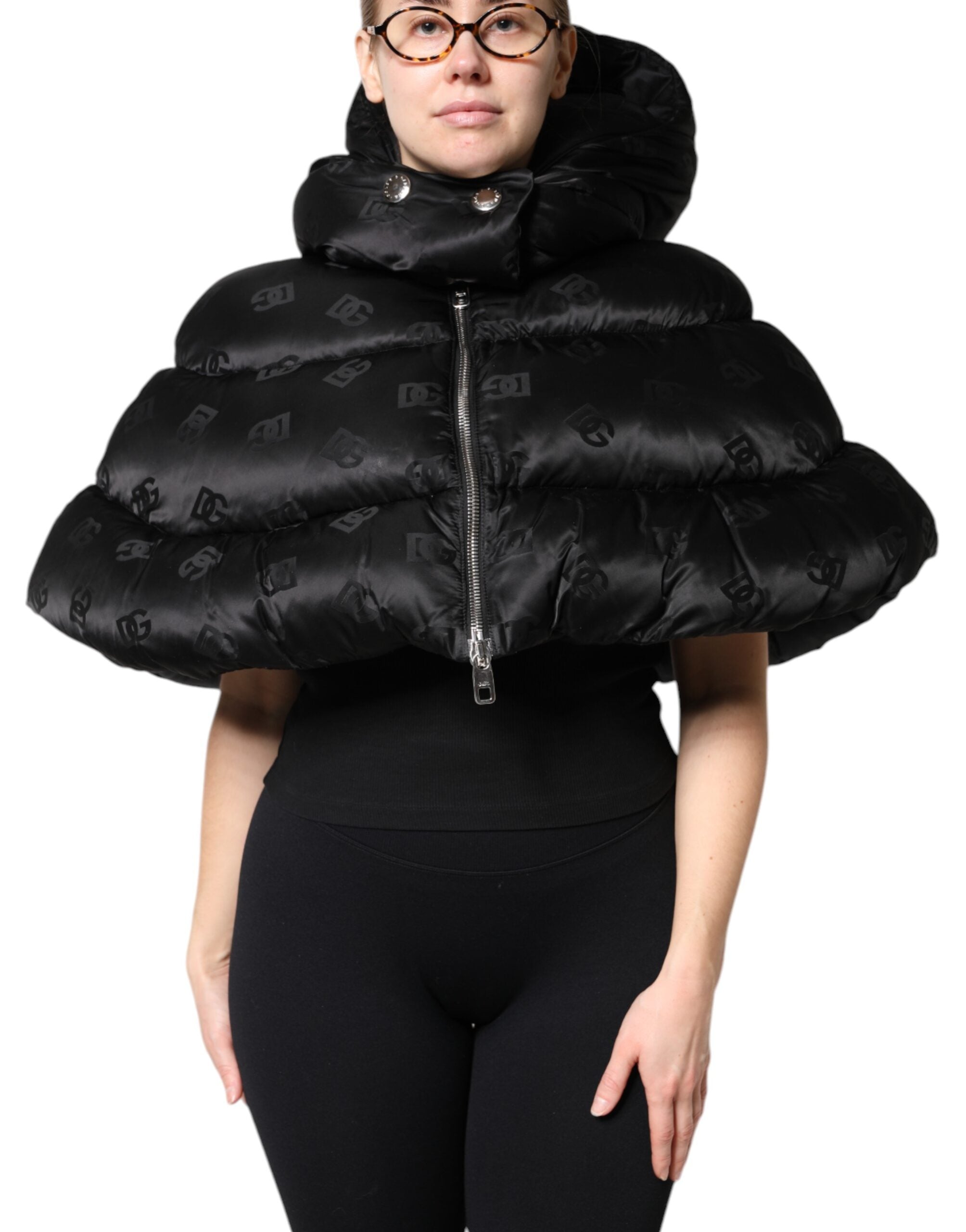 Dolce & Gabbana Black Padded Hooded Jacket with Full Zip and Cropped Jacket
