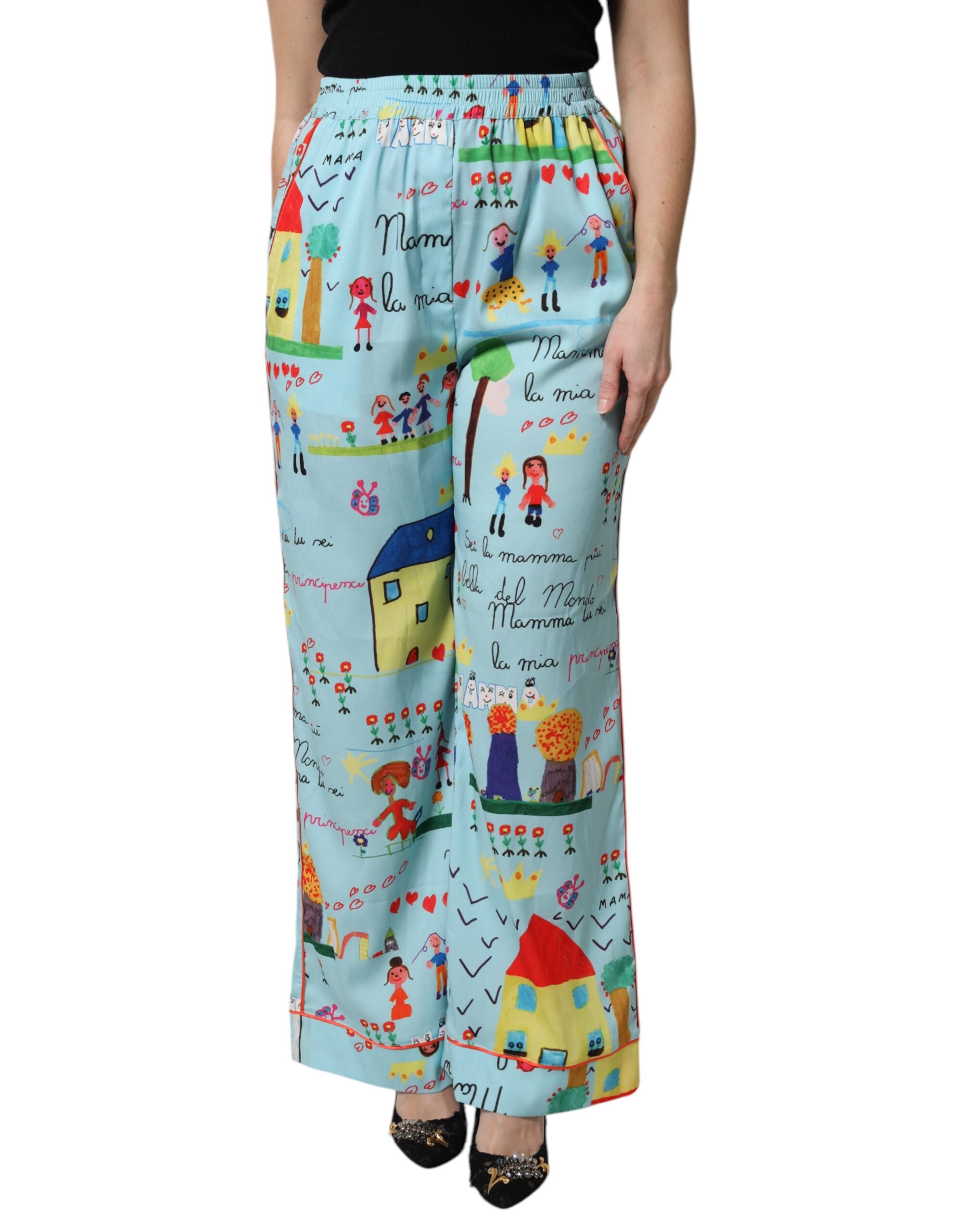 Dolce & Gabbana Light Blue Drawing Mid Waist Wide Leg Pants-1
