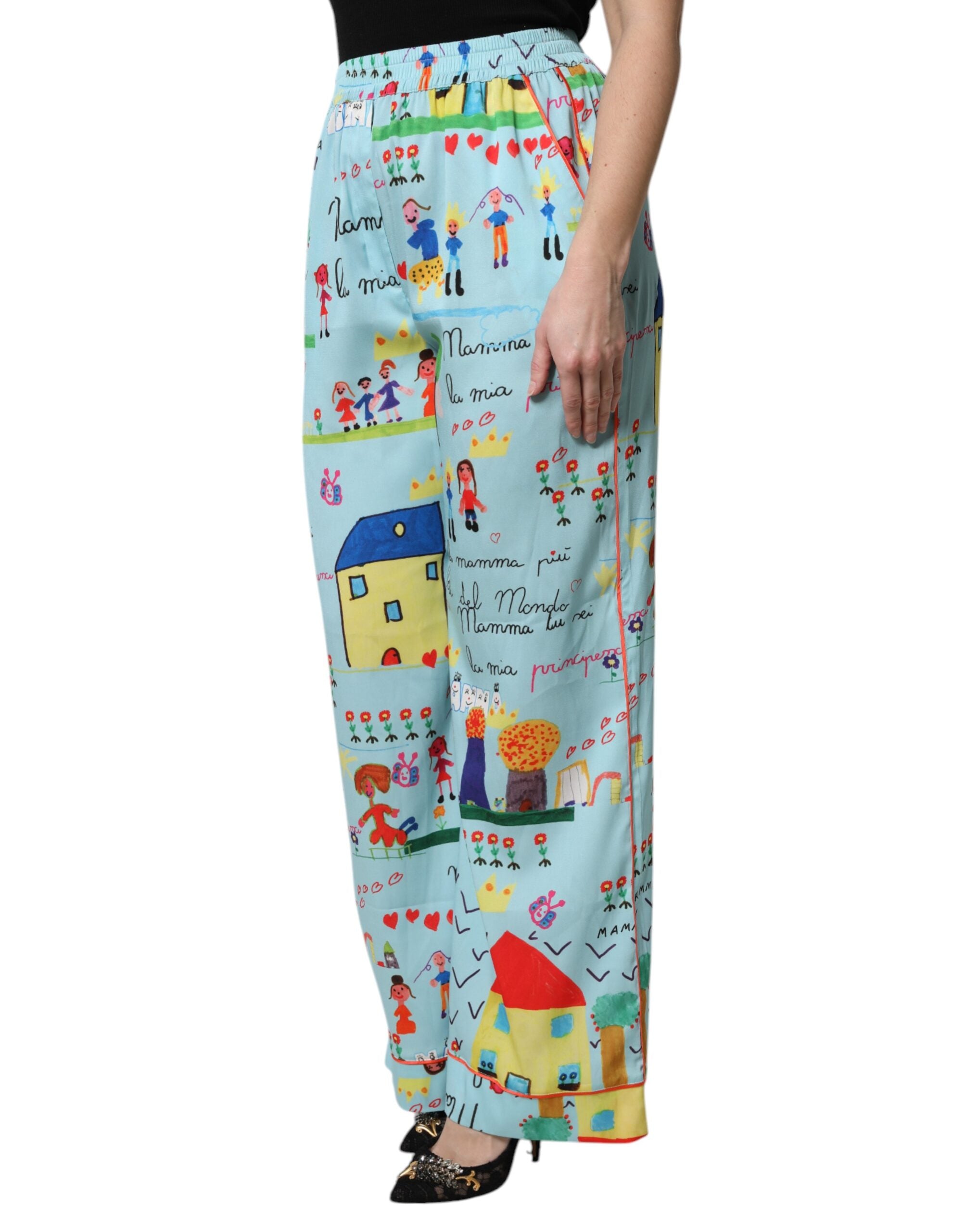 Dolce & Gabbana Light Blue Drawing Mid Waist Wide Leg Pants-3