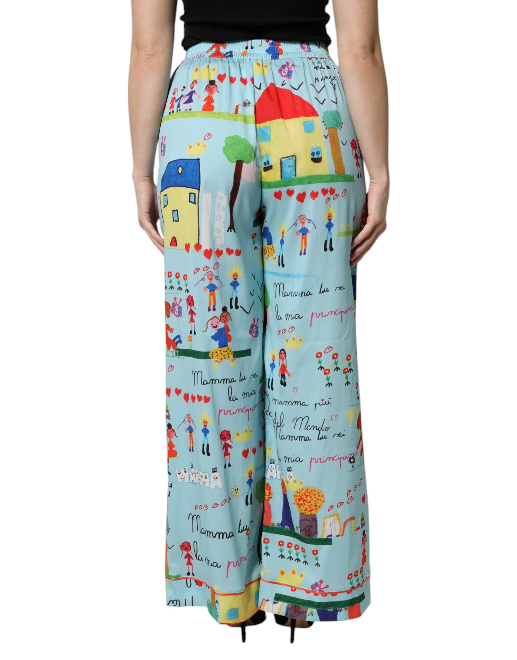 Dolce & Gabbana Light Blue Drawing Mid Waist Wide Leg Pants-4