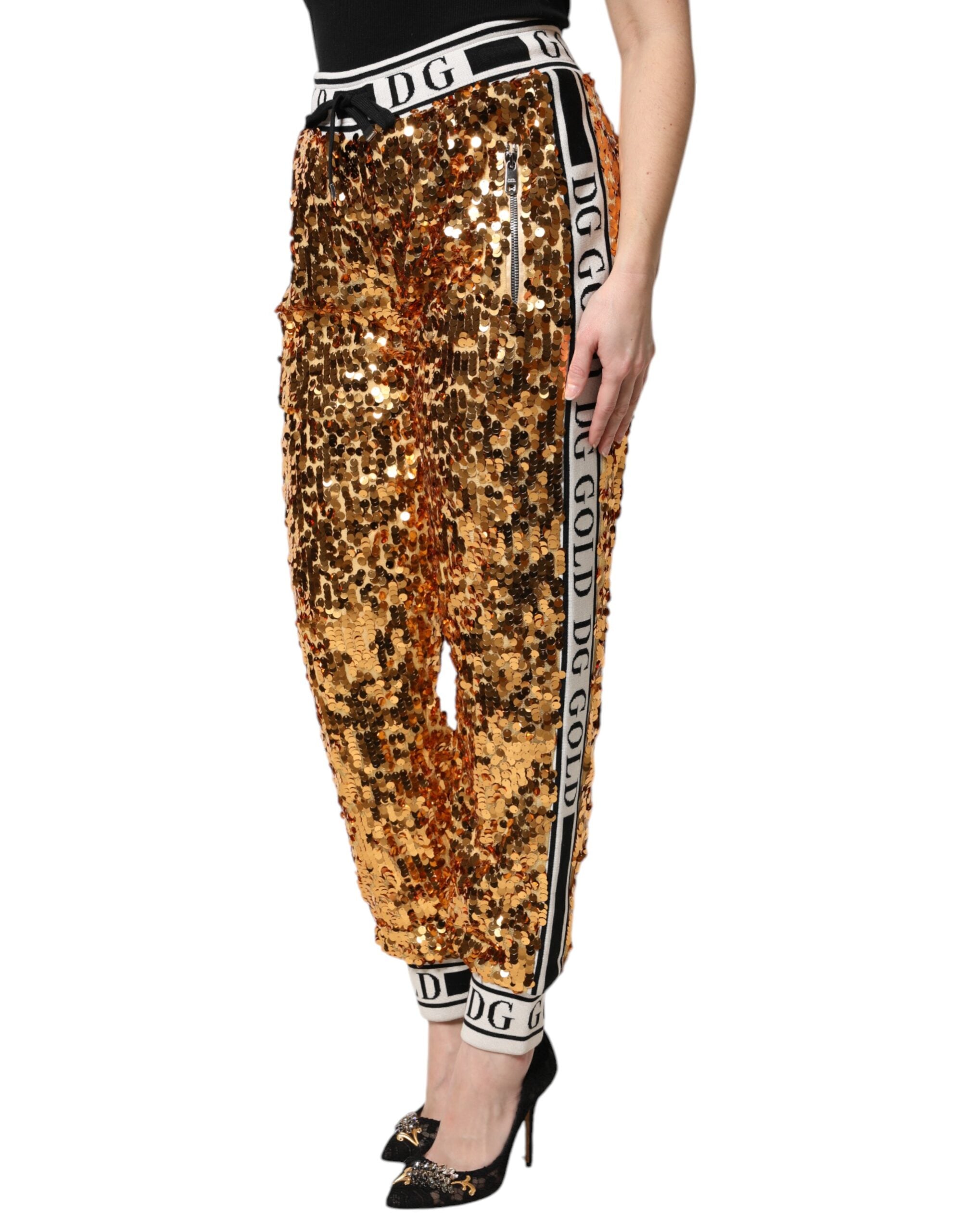 Dolce & Gabbana Metallic Gold DG Logo Sequin Jogger Pants-3