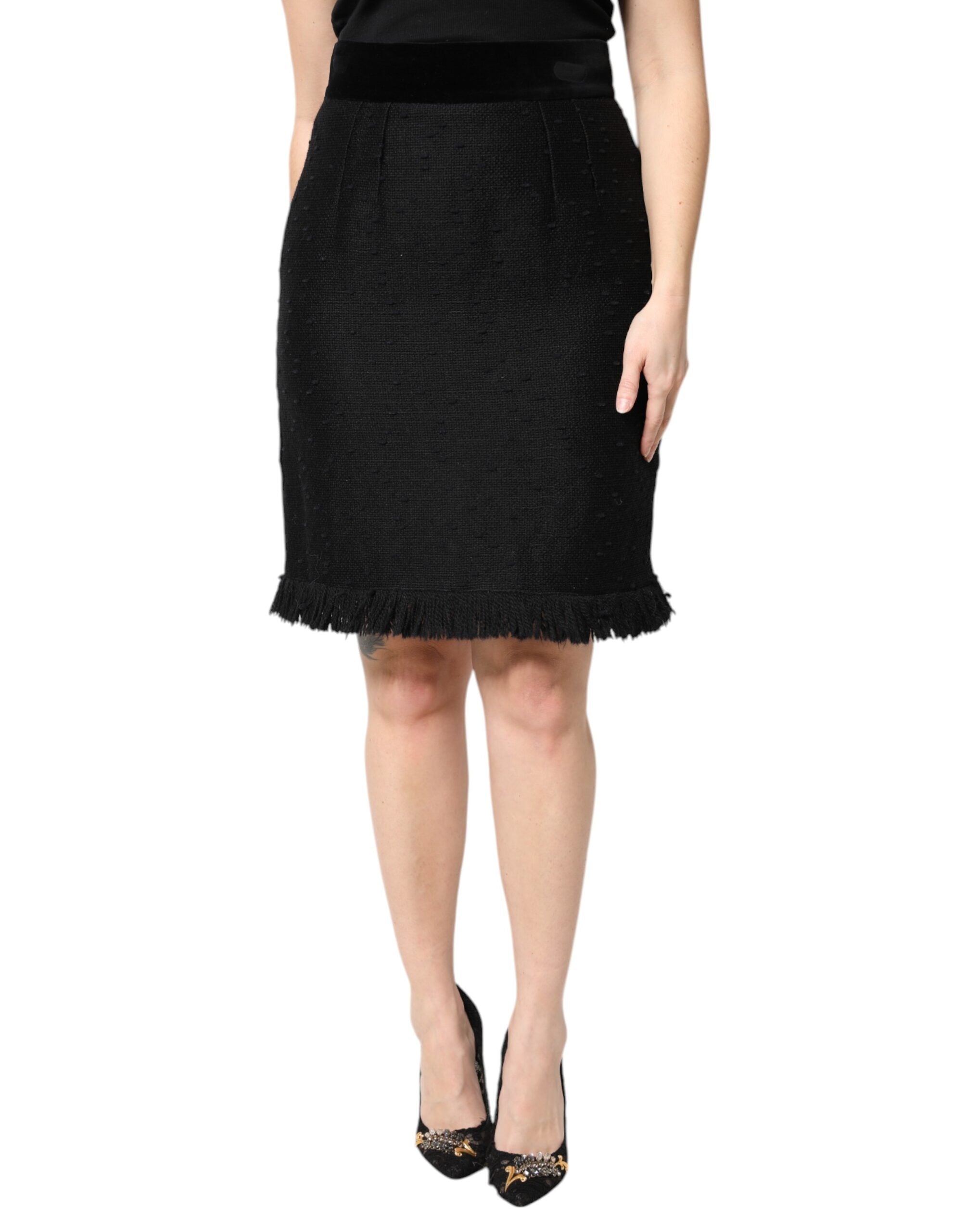 Dolce & Gabbana Schwarzer Bleistiftminirock mit hoher Taille und Fransen aus Wolle-2