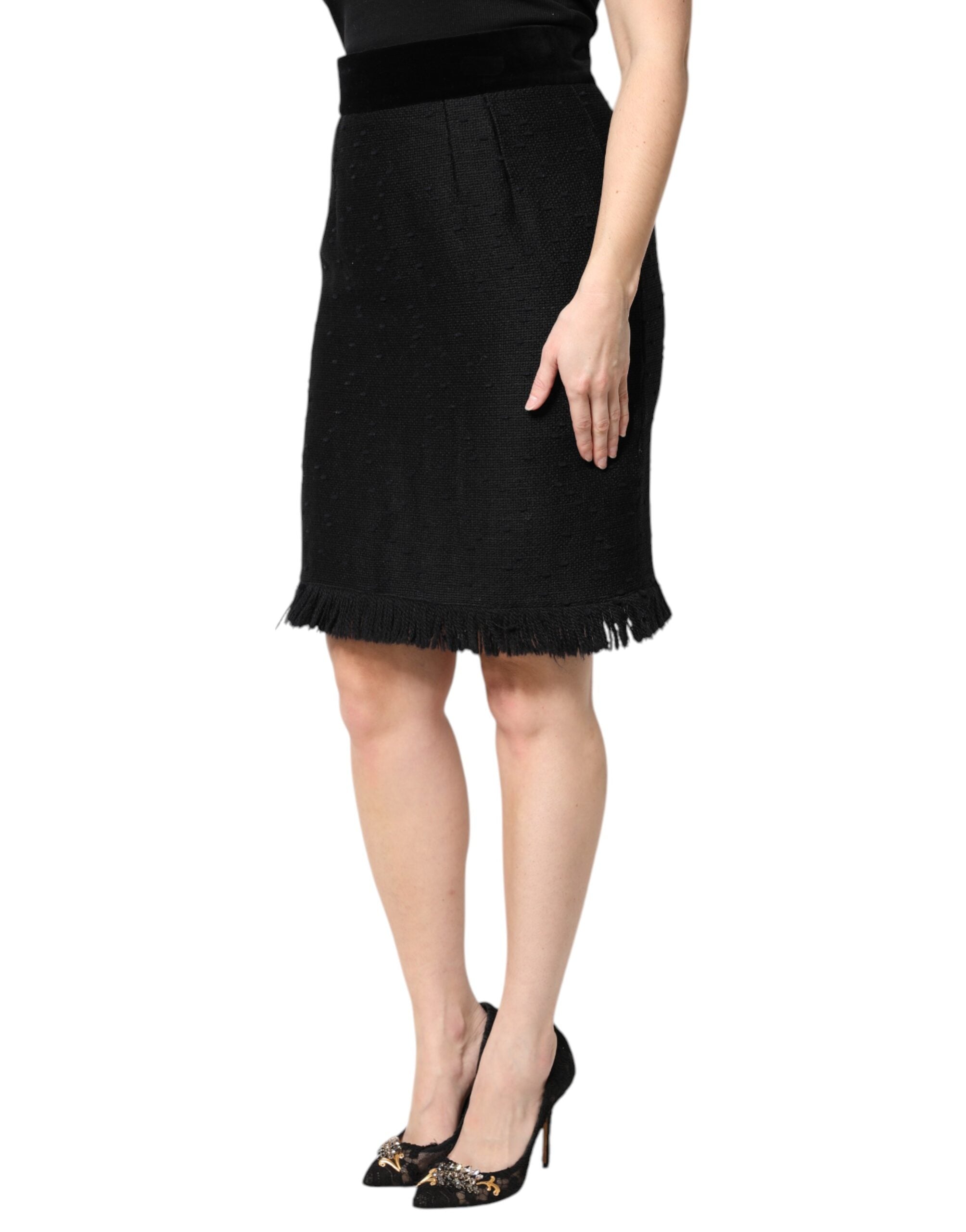 Dolce & Gabbana Schwarzer Bleistiftminirock mit hoher Taille und Fransen aus Wolle-3