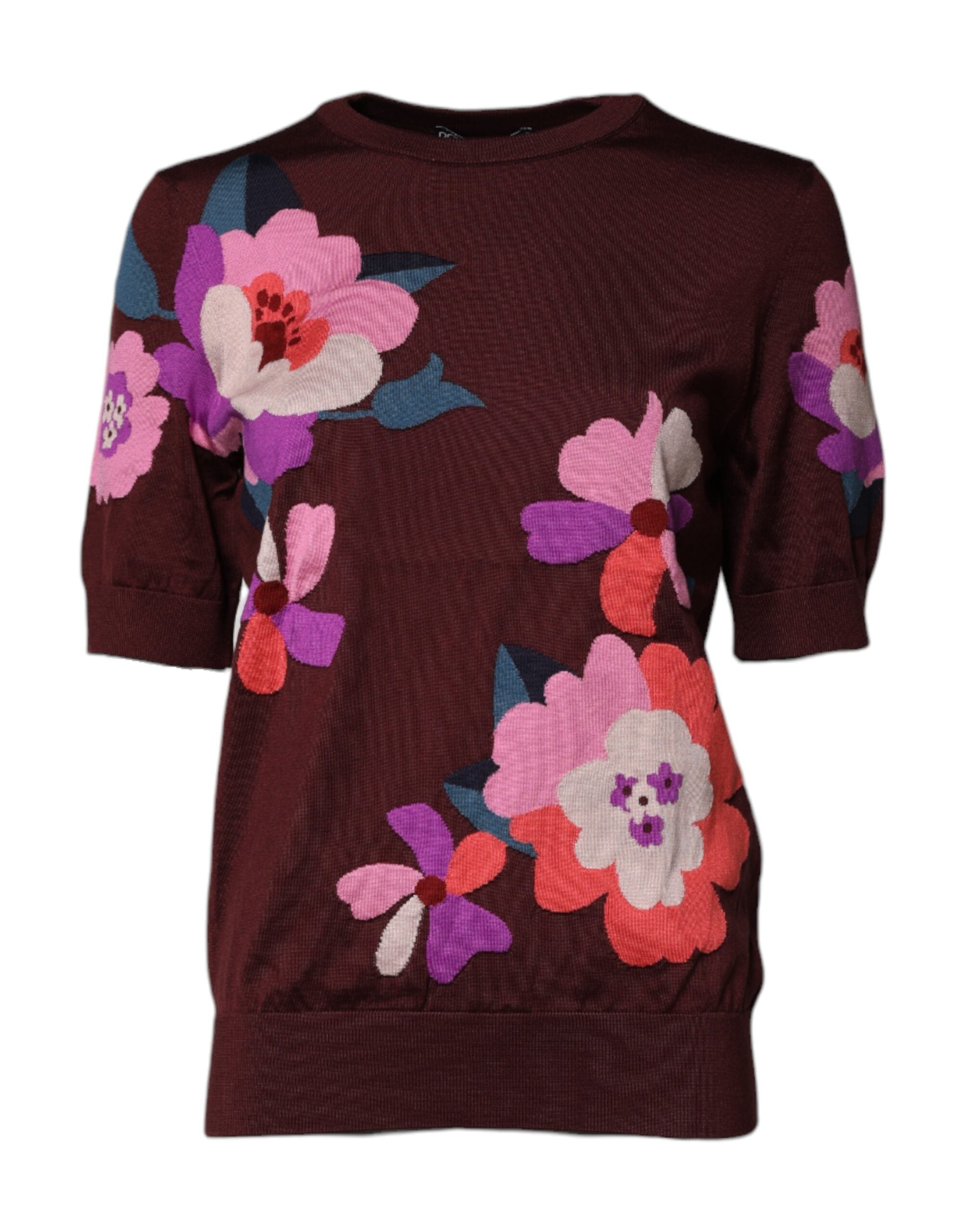 Blusa de seda con cuello redondo y estampado floral en color granate de Dolce & Gabbana-1
