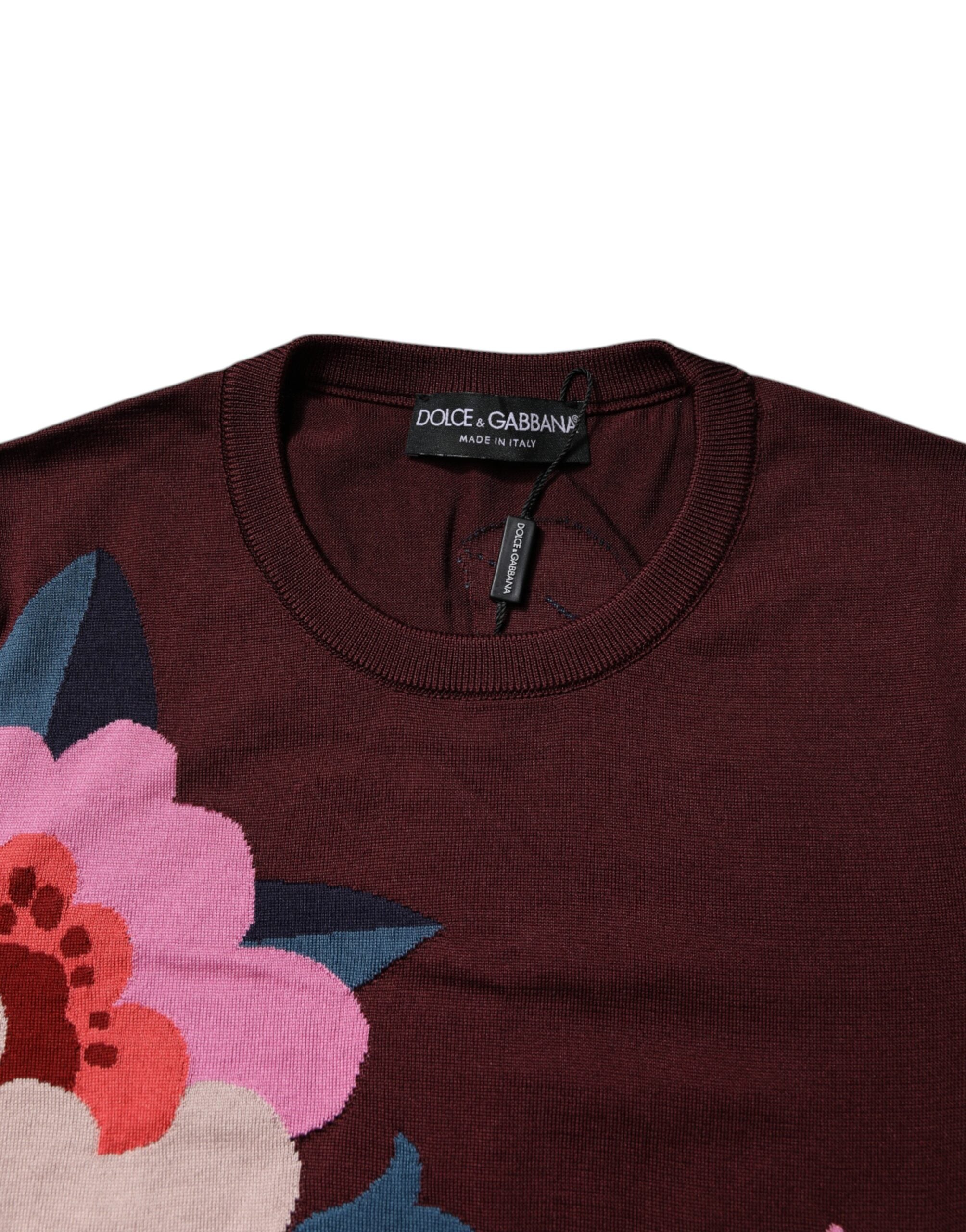 Blusa de seda con cuello redondo y estampado floral en color granate de Dolce & Gabbana-5