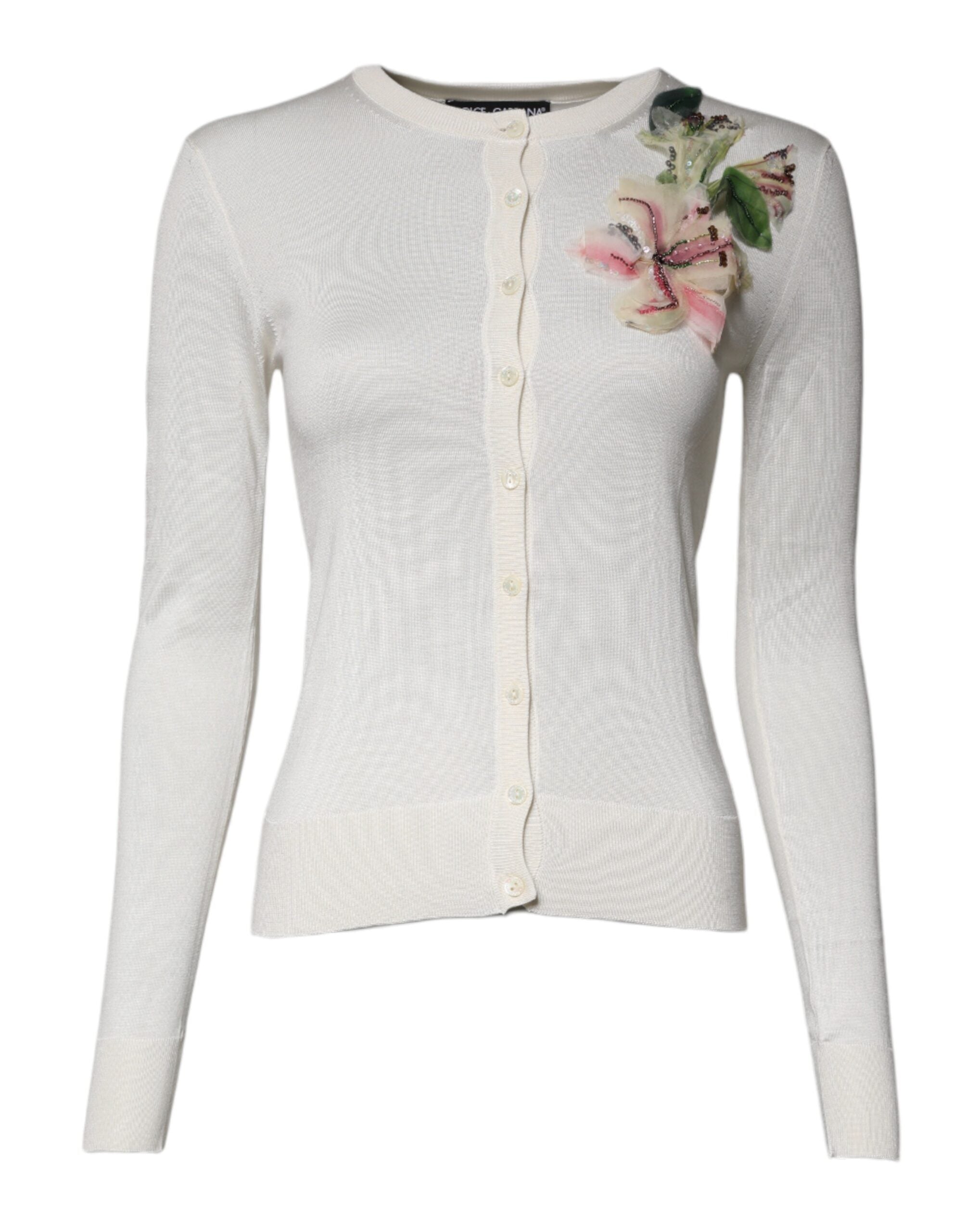 Dolce & Gabbana cream-colored floral knit sweater in silk with embellishments-2