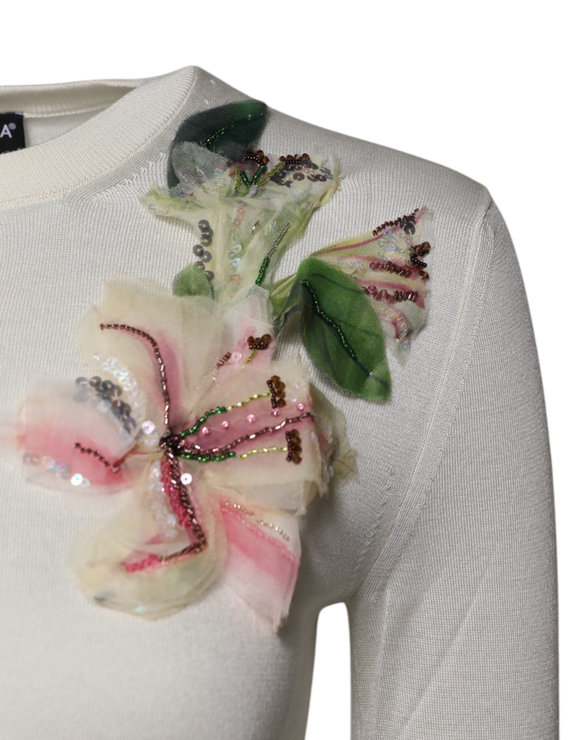 Dolce & Gabbana cream-colored floral knit sweater in silk with embellishments-3