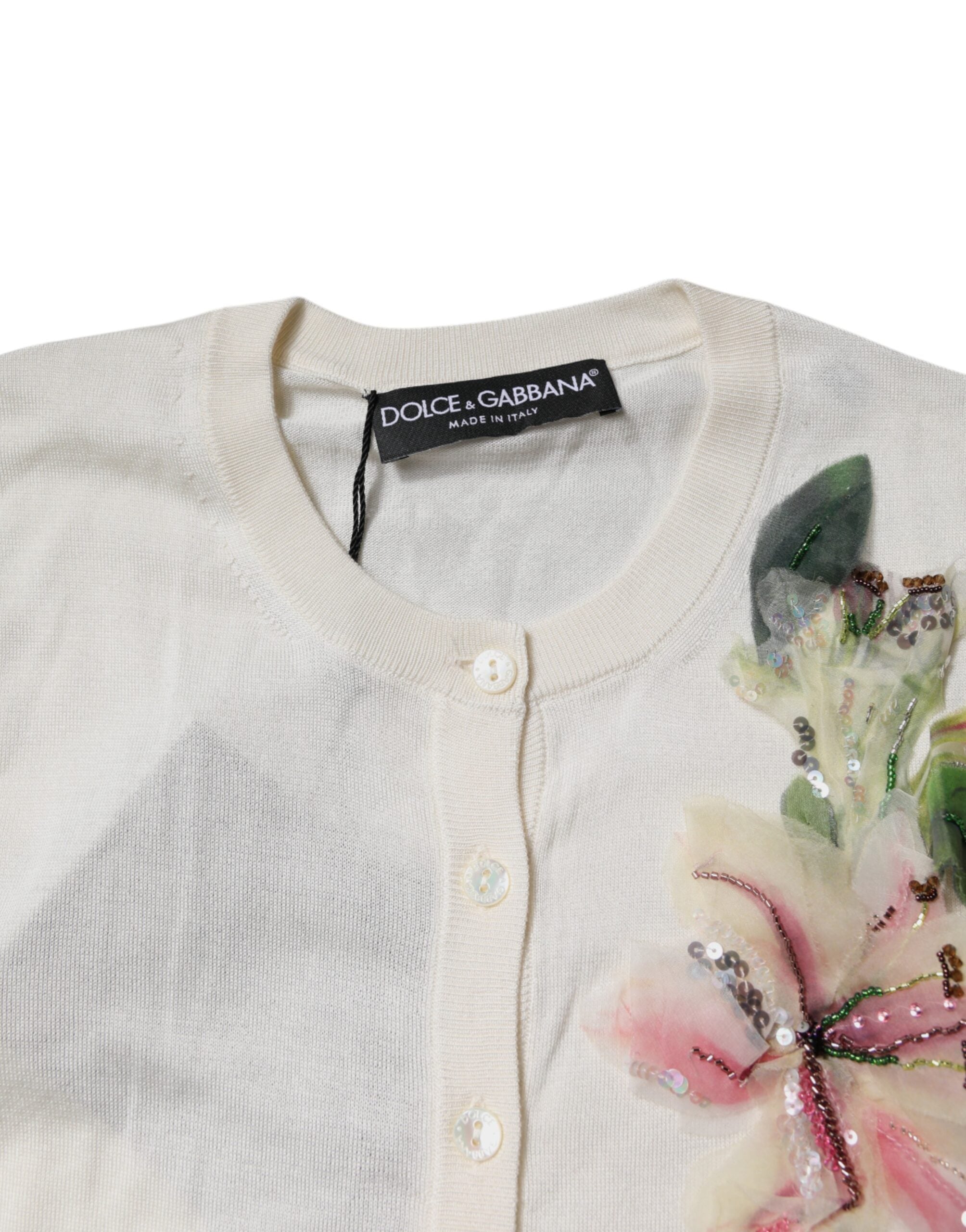 Dolce & Gabbana cream-colored floral knit sweater in silk with embellishments-5