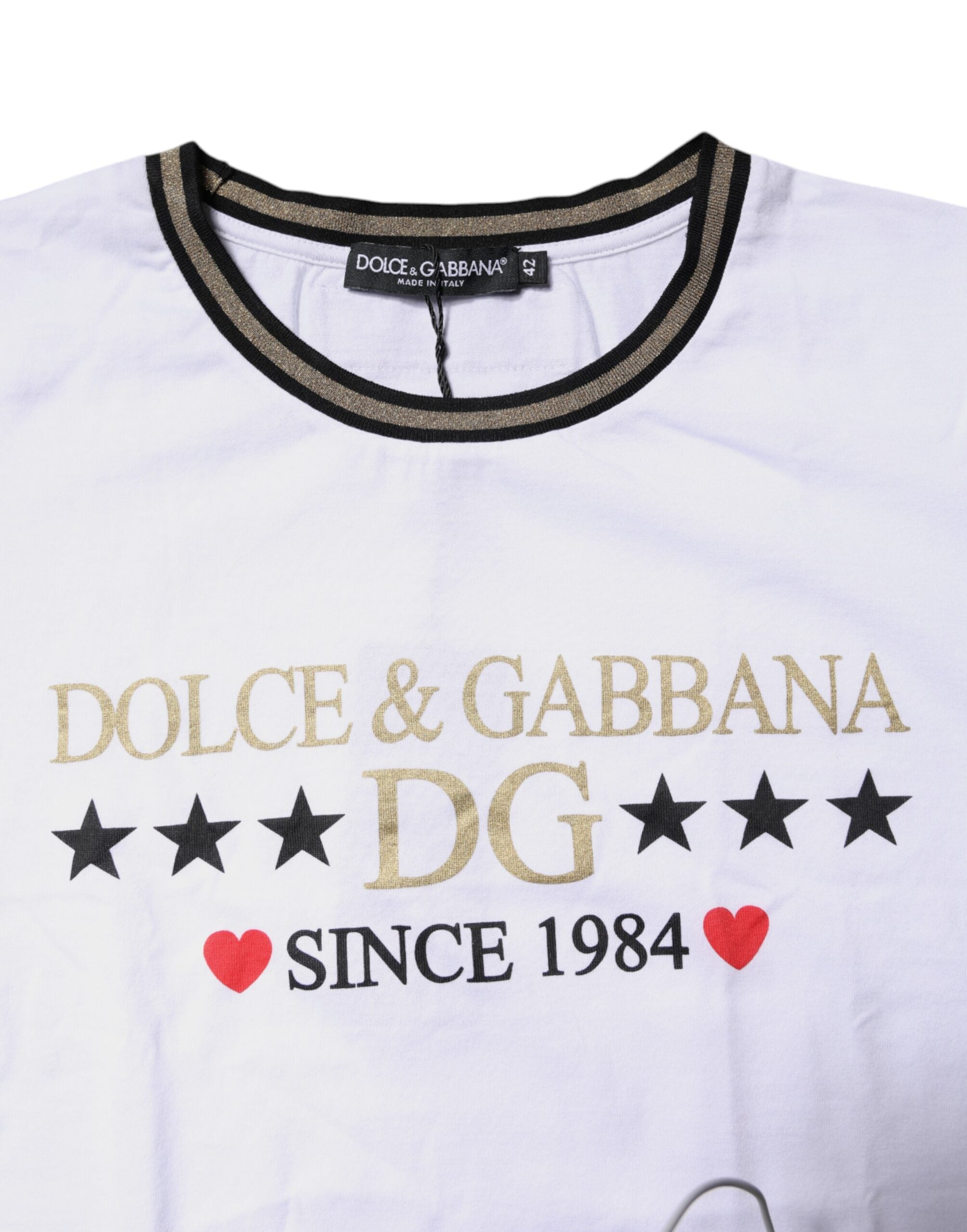 Dolce & Gabbana Weißes bedrucktes Baumwoll-T-Shirt mit Rundhalsausschnitt-5