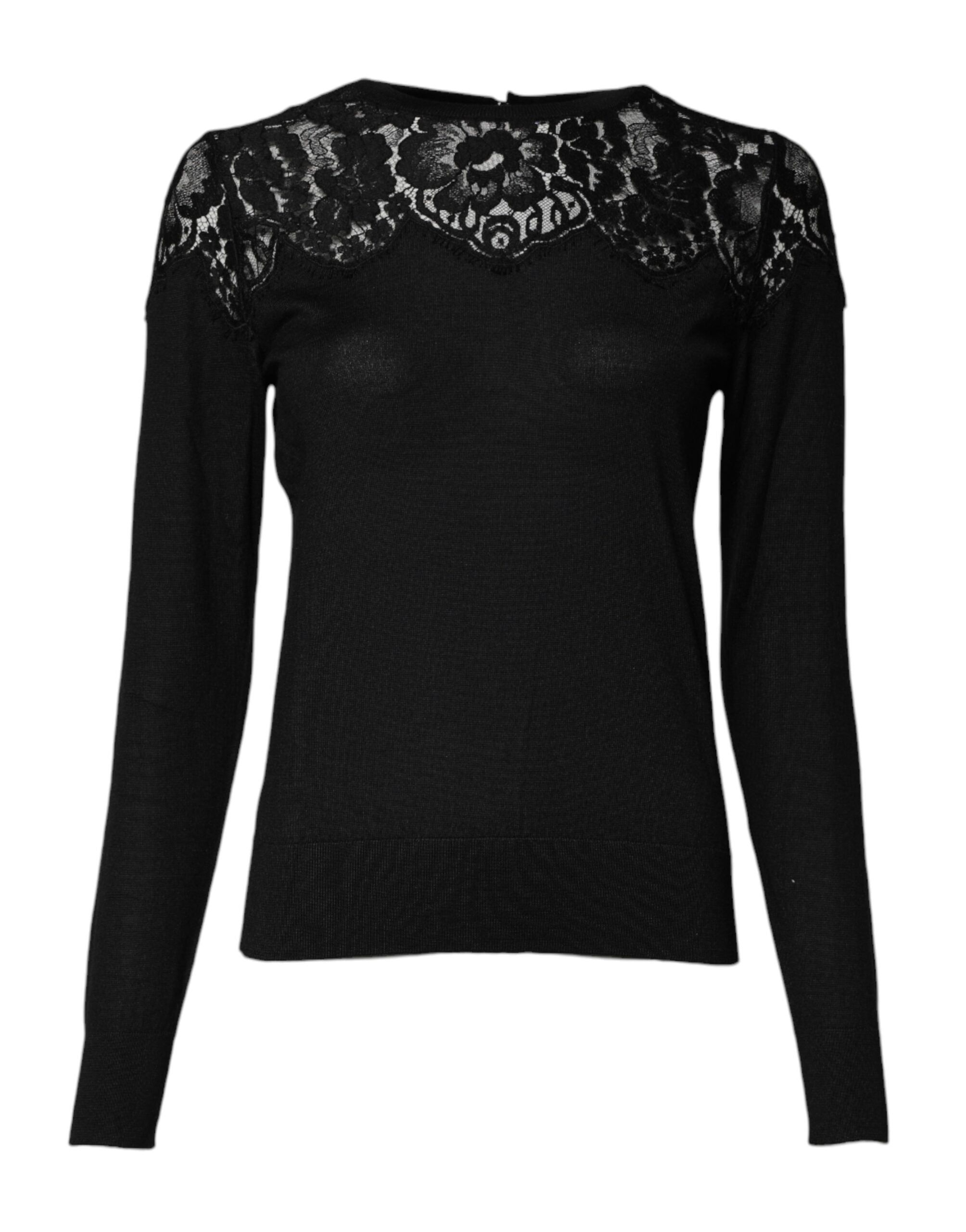 Dolce & Gabbana black blouse top with floral lace and long sleeves-1