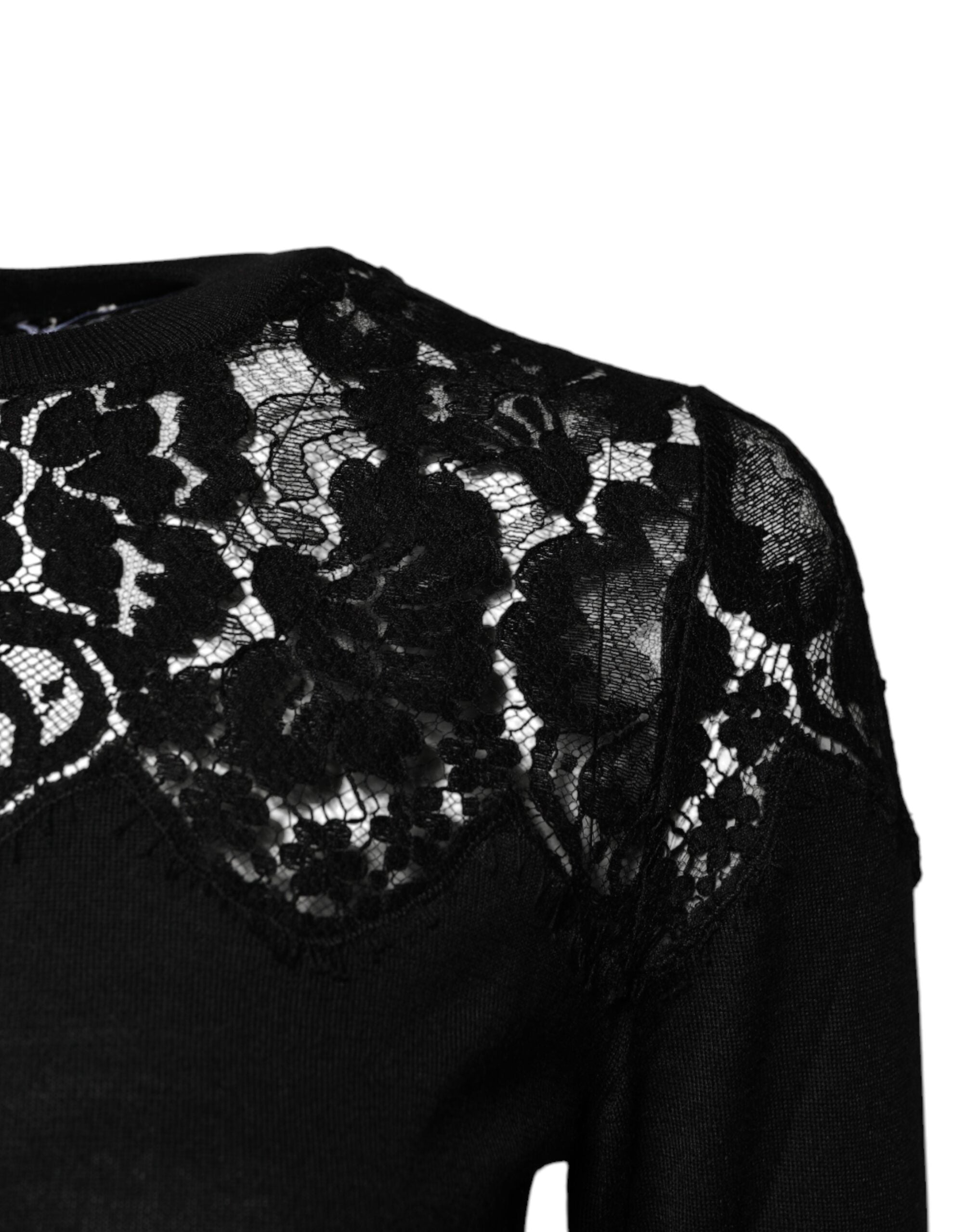 Dolce & Gabbana black blouse top with floral lace and long sleeves-3
