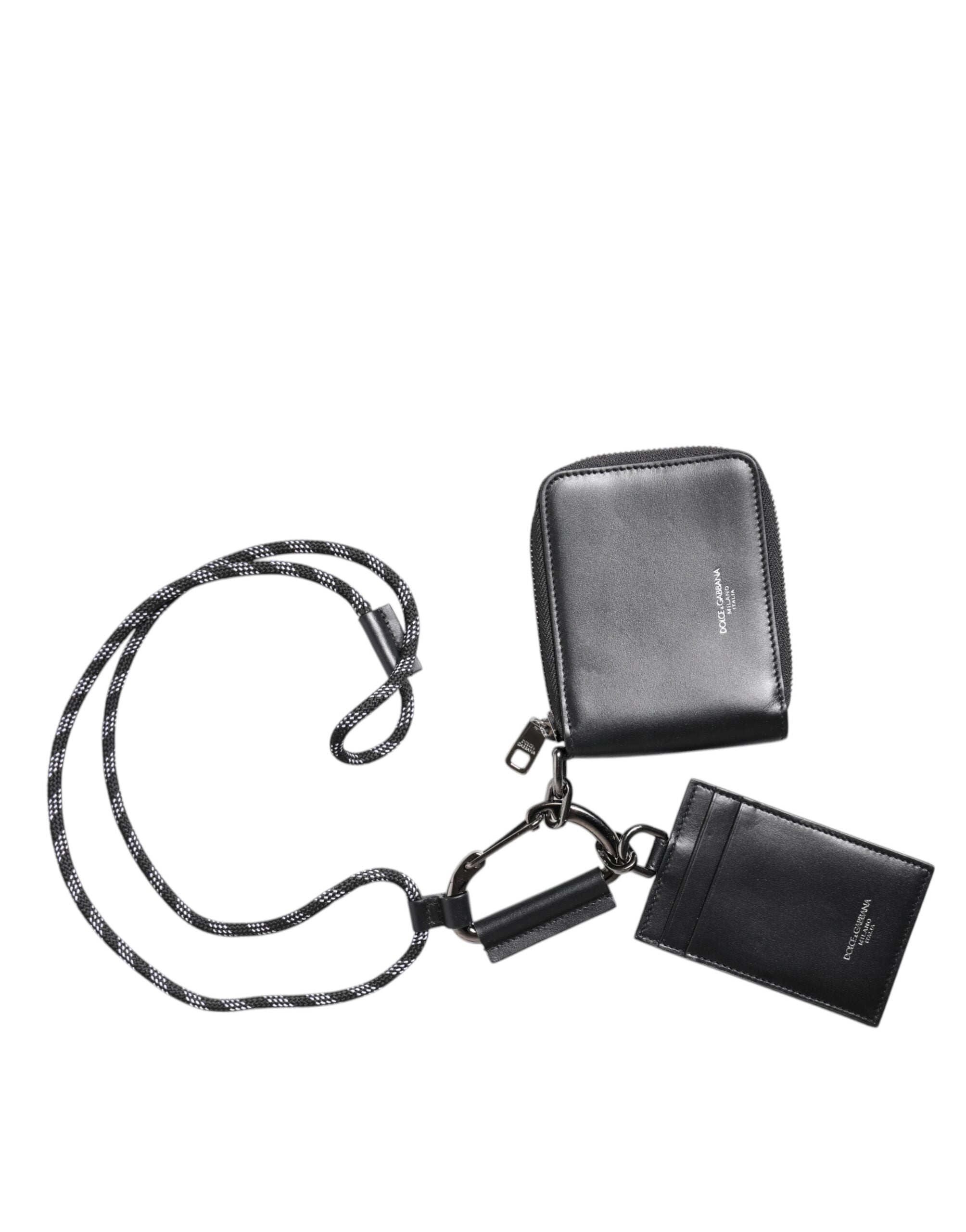 Dolce & Gabbana Schwarzes Leder Lanyard Zip Around Card Holder Wallet-2