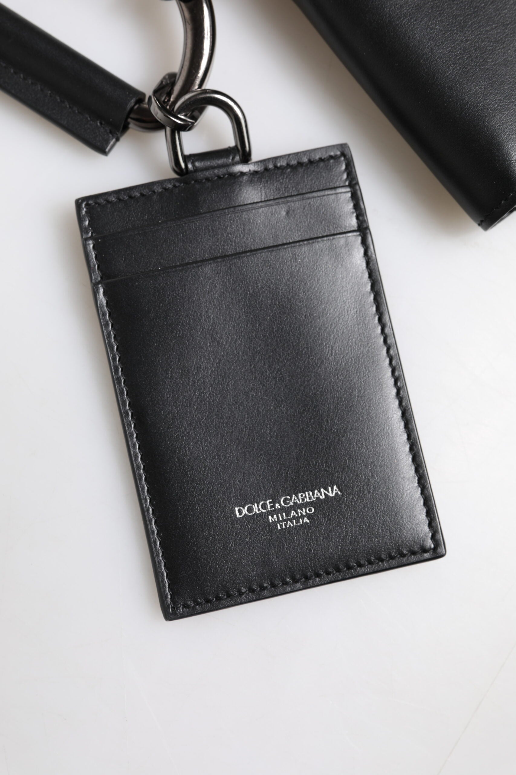Dolce & Gabbana Schwarzes Leder Lanyard Zip Around Card Holder Wallet-3