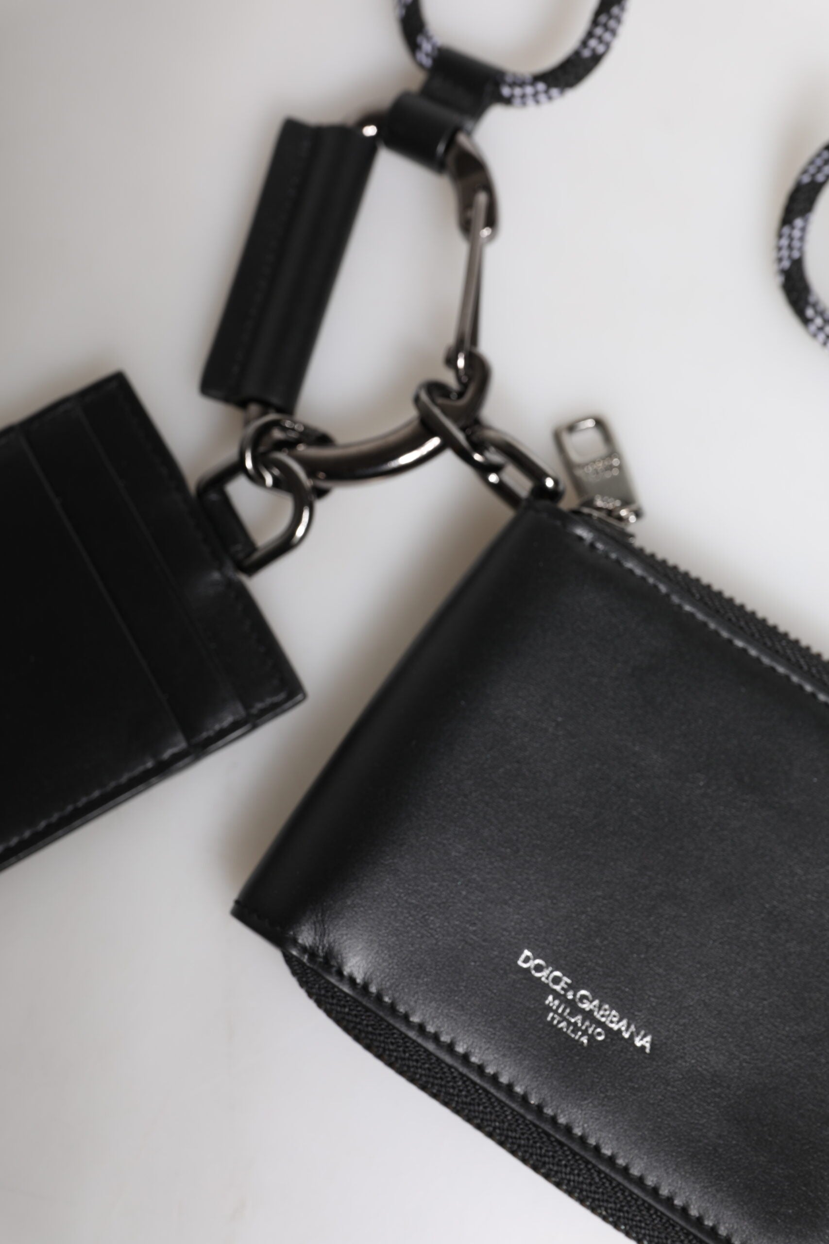 Dolce & Gabbana Schwarzes Leder Lanyard Zip Around Card Holder Wallet-4