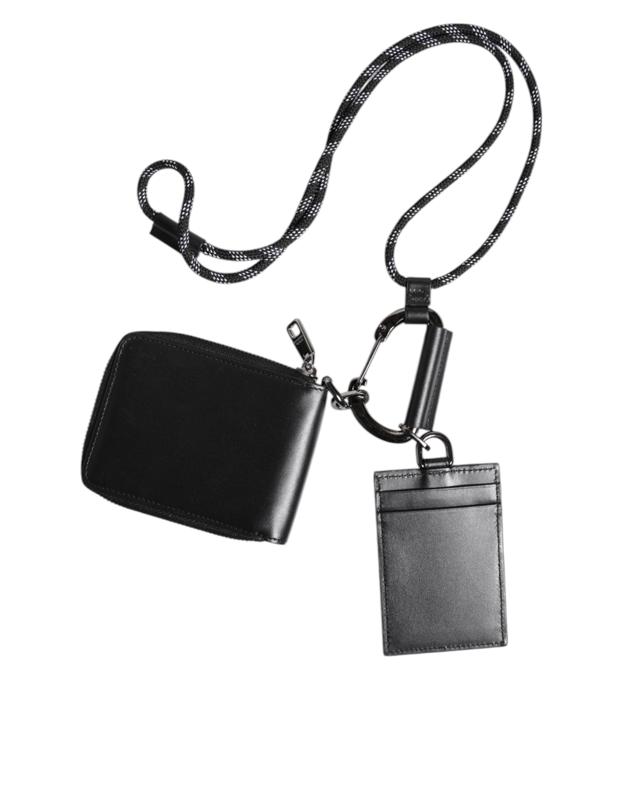 Dolce & Gabbana Schwarzes Leder Lanyard Zip Around Card Holder Wallet-5