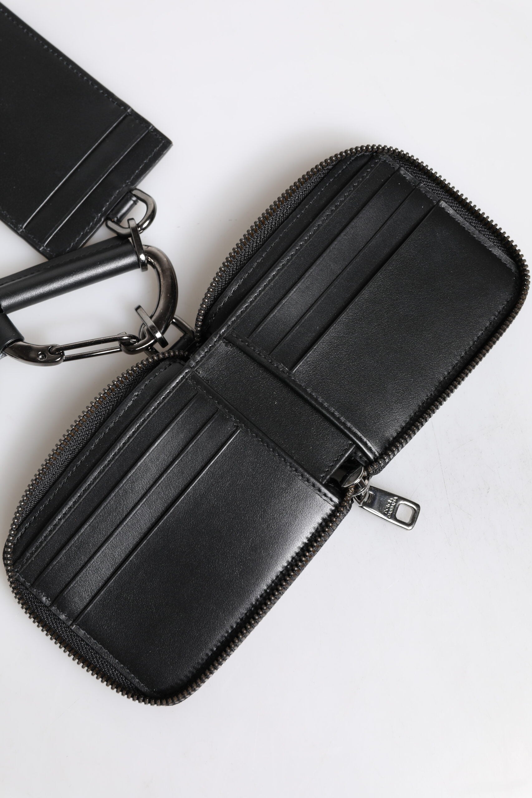 Dolce & Gabbana Schwarzes Leder Lanyard Zip Around Card Holder Wallet-7