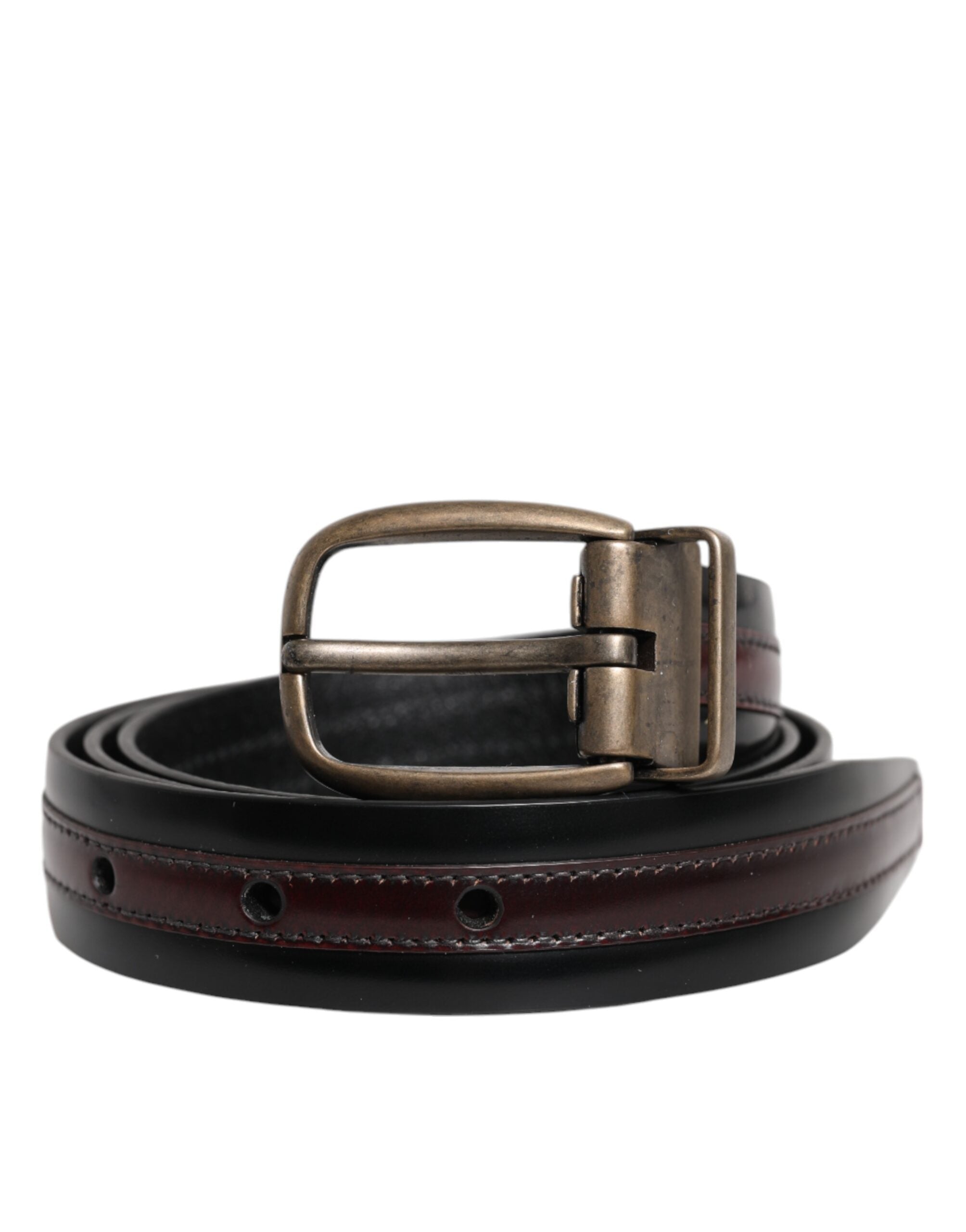 Dolce & Gabbana Black Burgundy Calfskin Leather Belt with Metal Logo Buckle-2