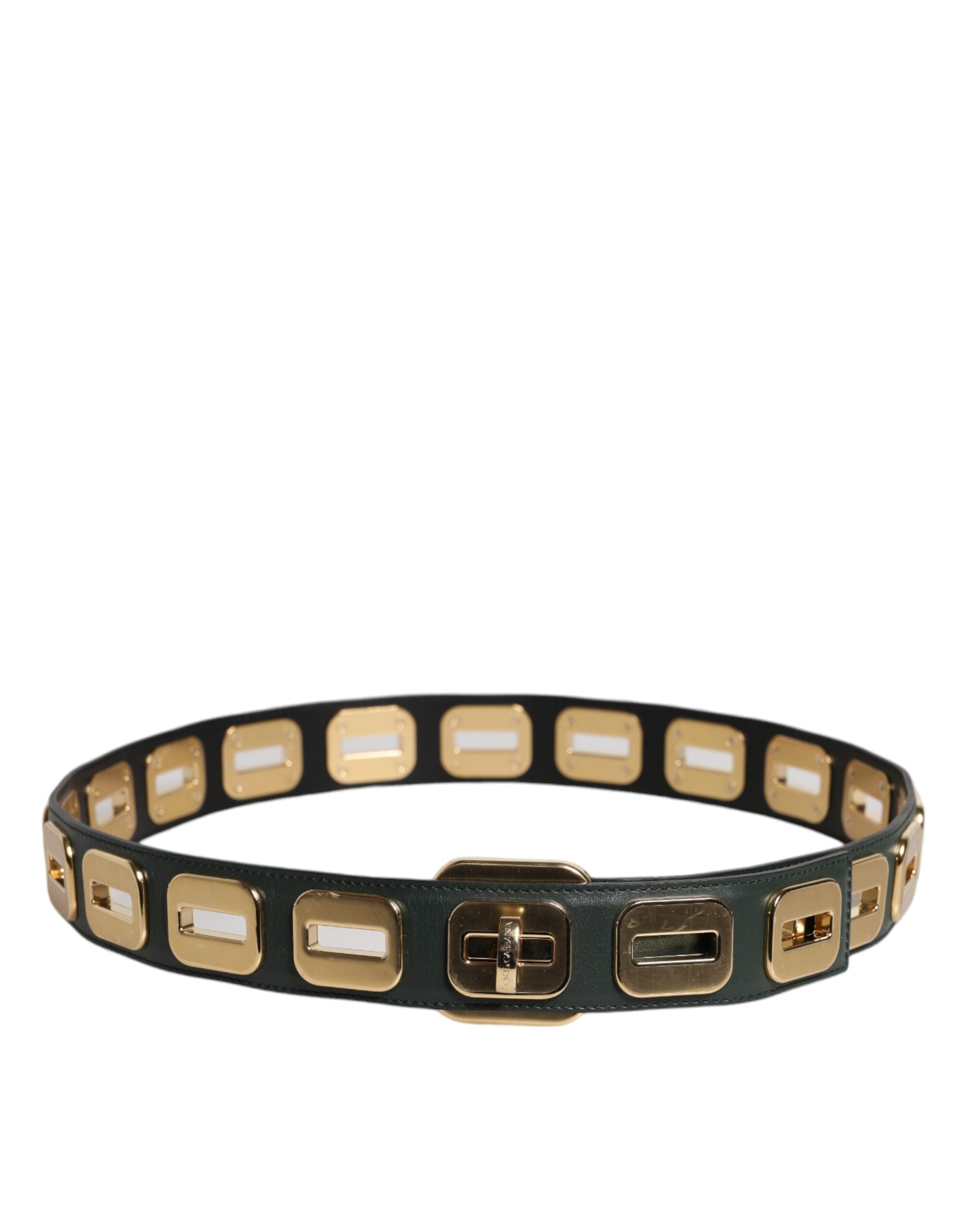 Dolce & Gabbana Green Leather Gold Tone Swivel Buckle Belt-3