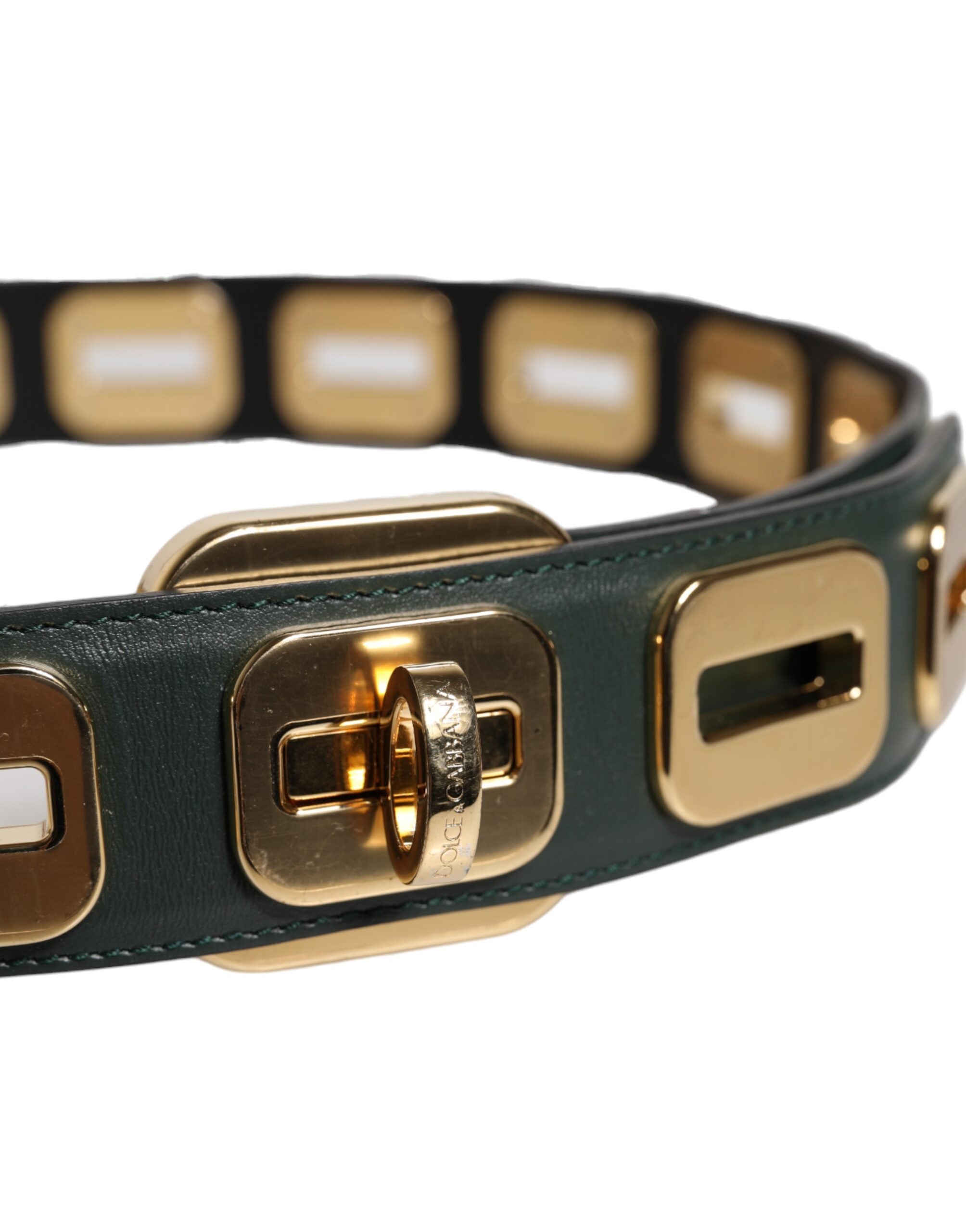 Dolce & Gabbana Green Leather Gold Tone Swivel Buckle Belt-4