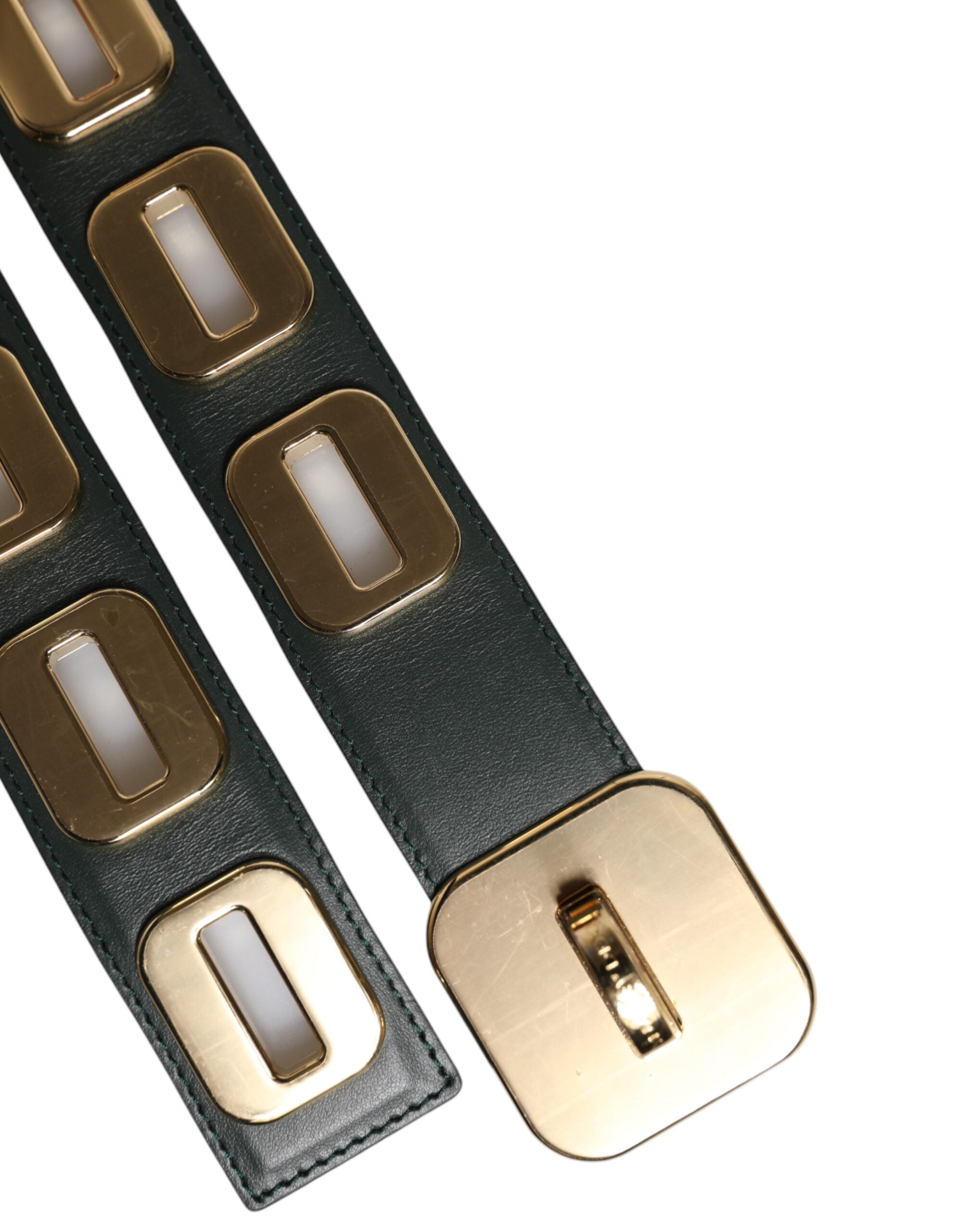 Dolce & Gabbana Green Leather Gold Tone Swivel Buckle Belt-5
