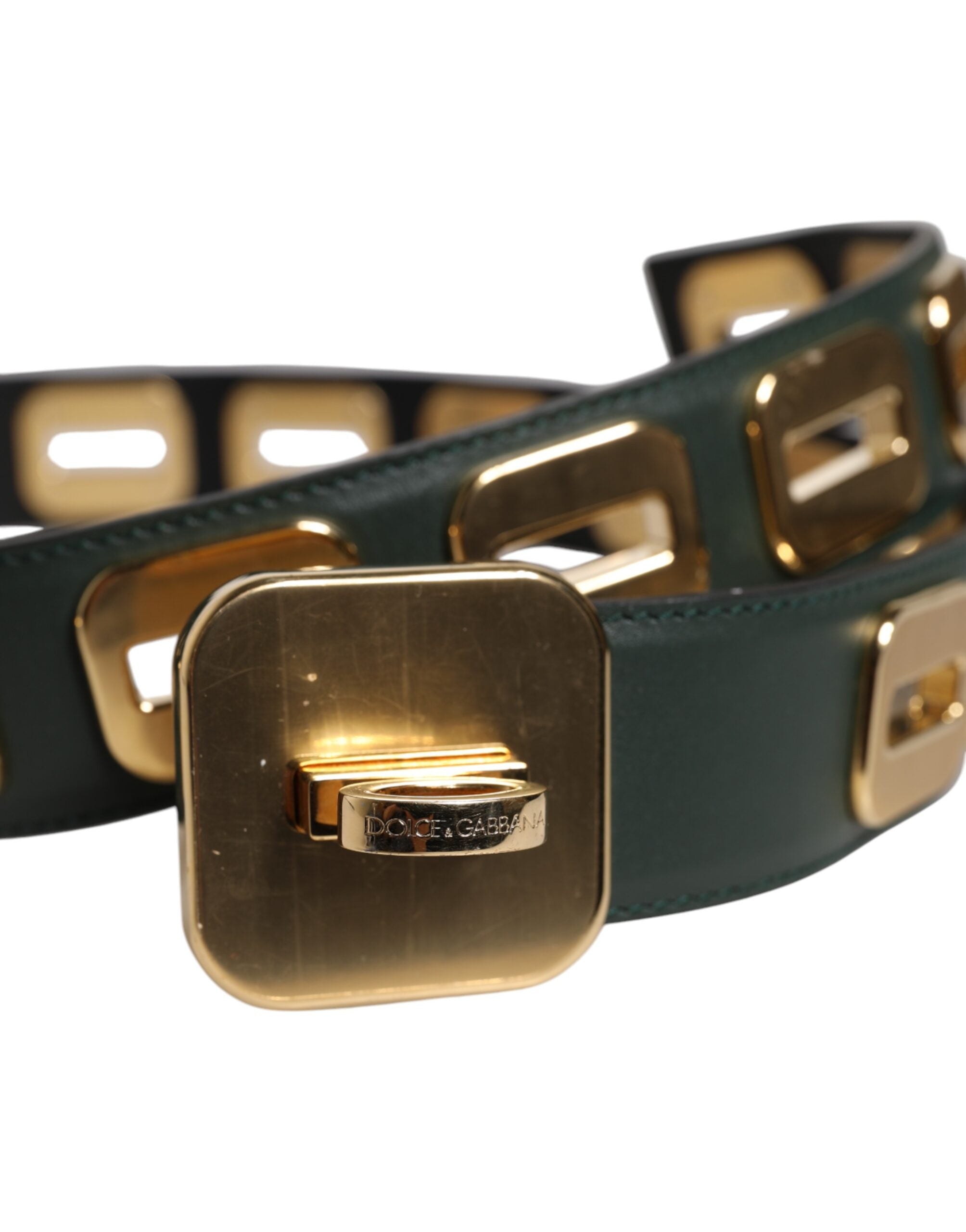 Dolce & Gabbana Green Leather Gold Tone Swivel Buckle Belt-6