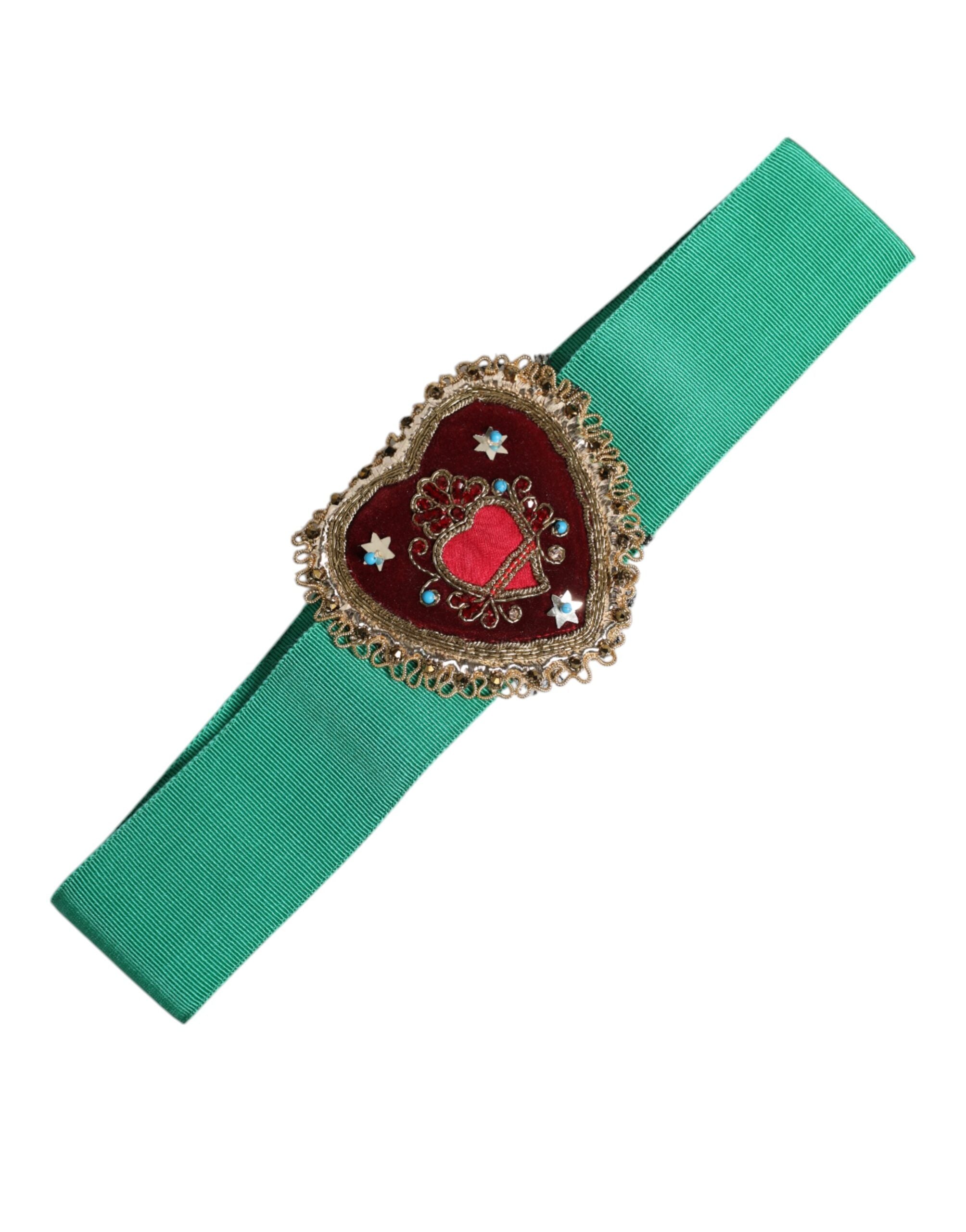 Dolce & Gabbana Green Stretch Belt with Heart Embellishment and Wide Waist-1