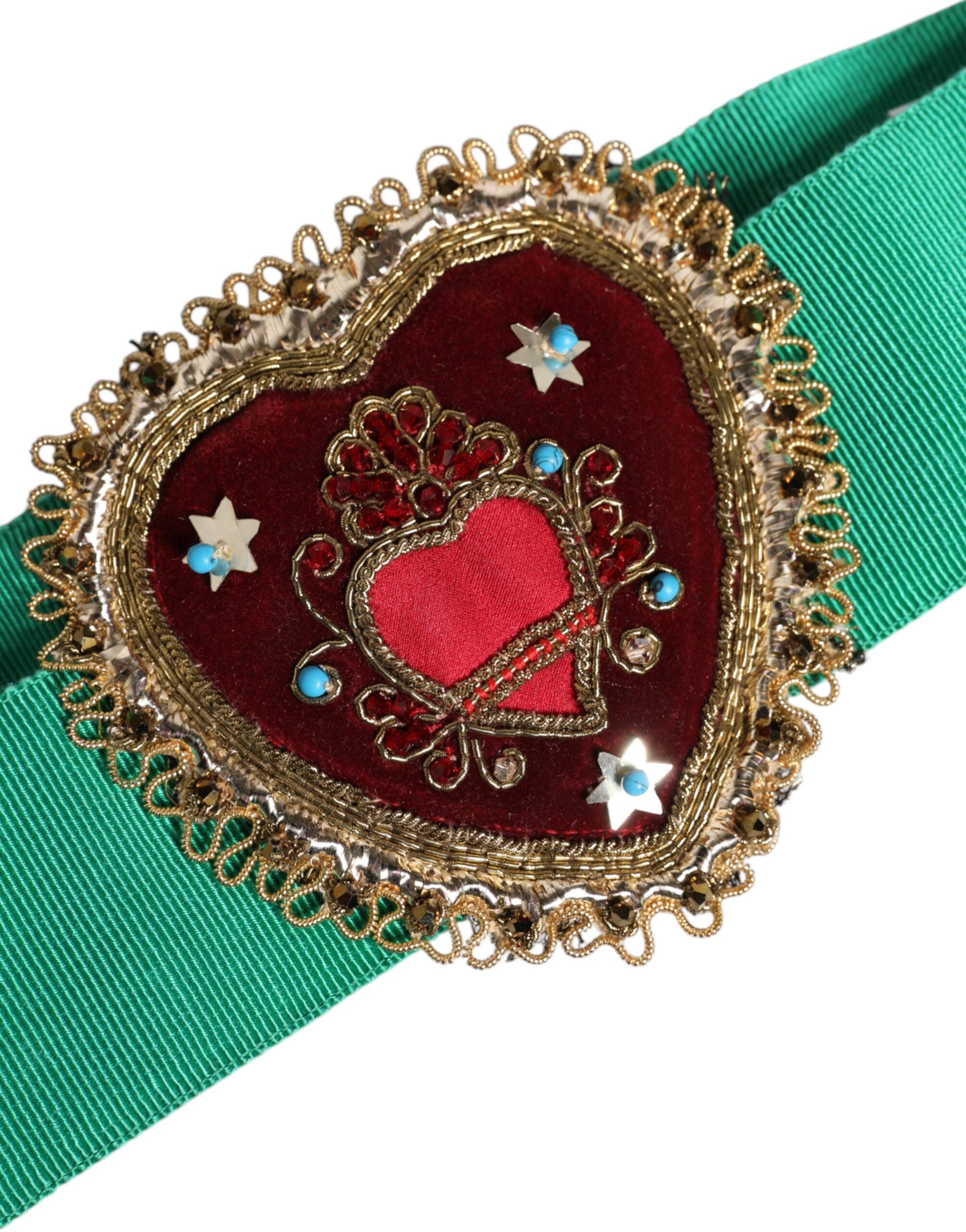 Dolce & Gabbana Green Stretch Belt with Heart Embellishment and Wide Waist-2