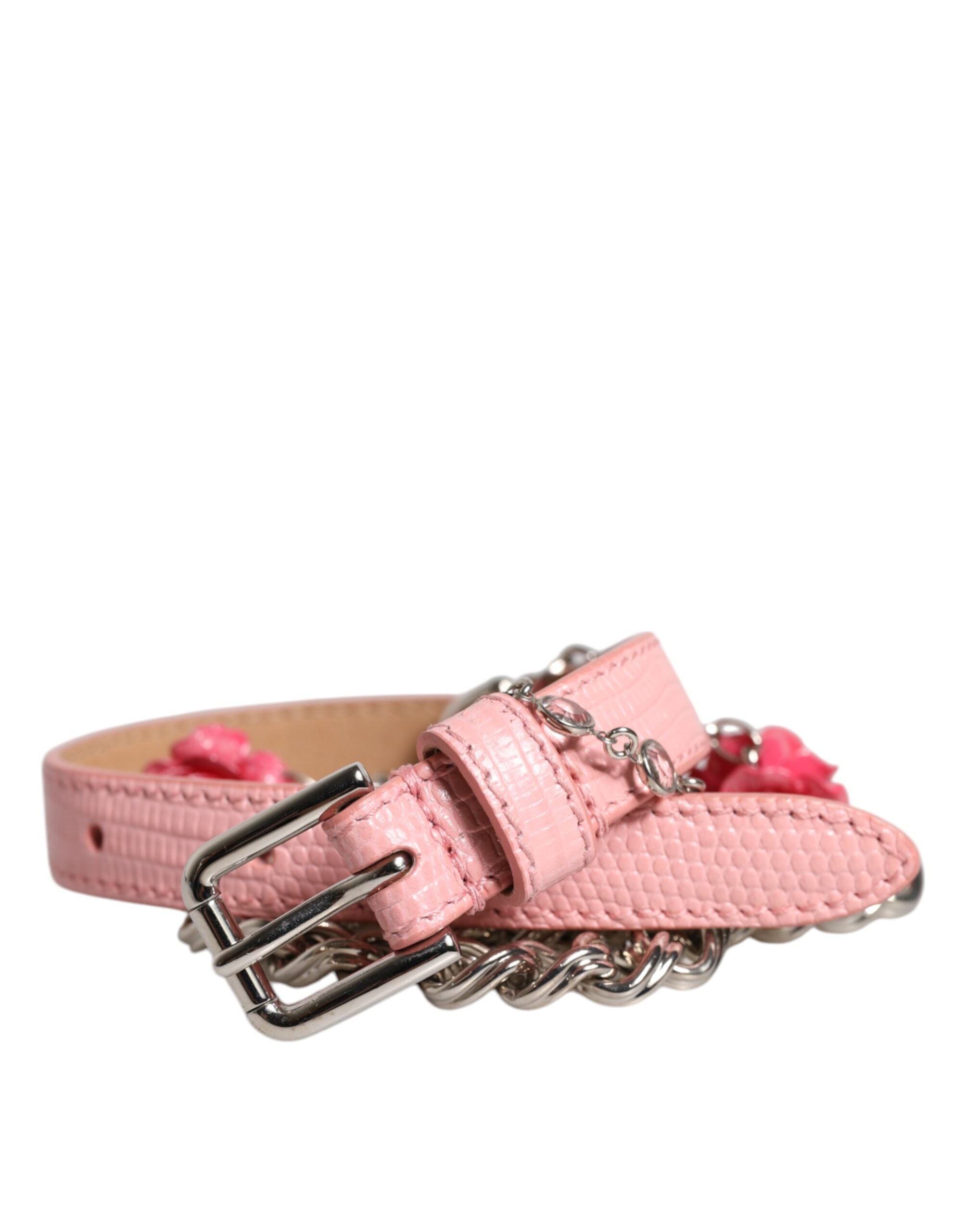 Dolce & Gabbana Pink Decorated Rose Textured Leather Belt-1