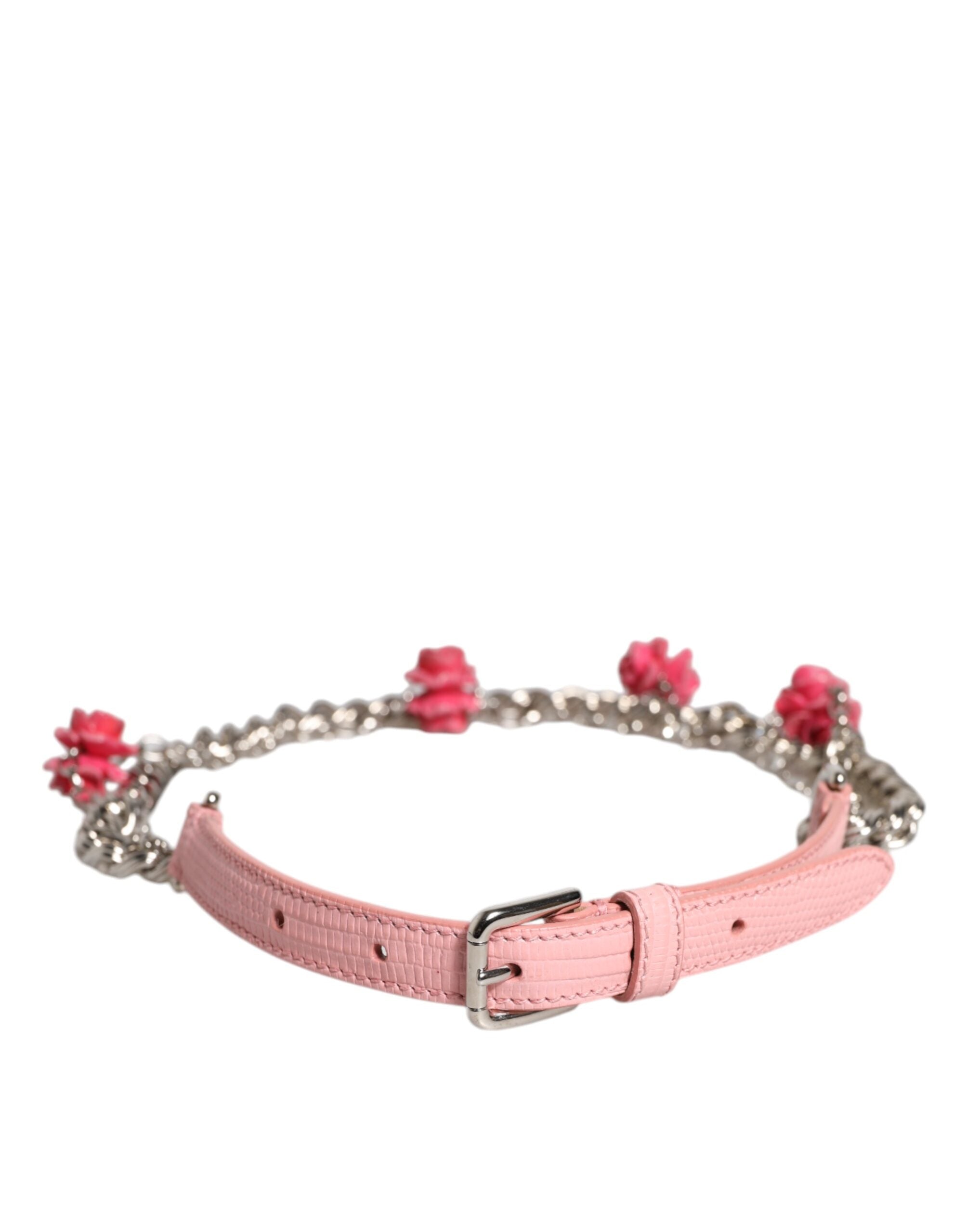 Dolce & Gabbana Pink Decorated Rose Textured Leather Belt-3