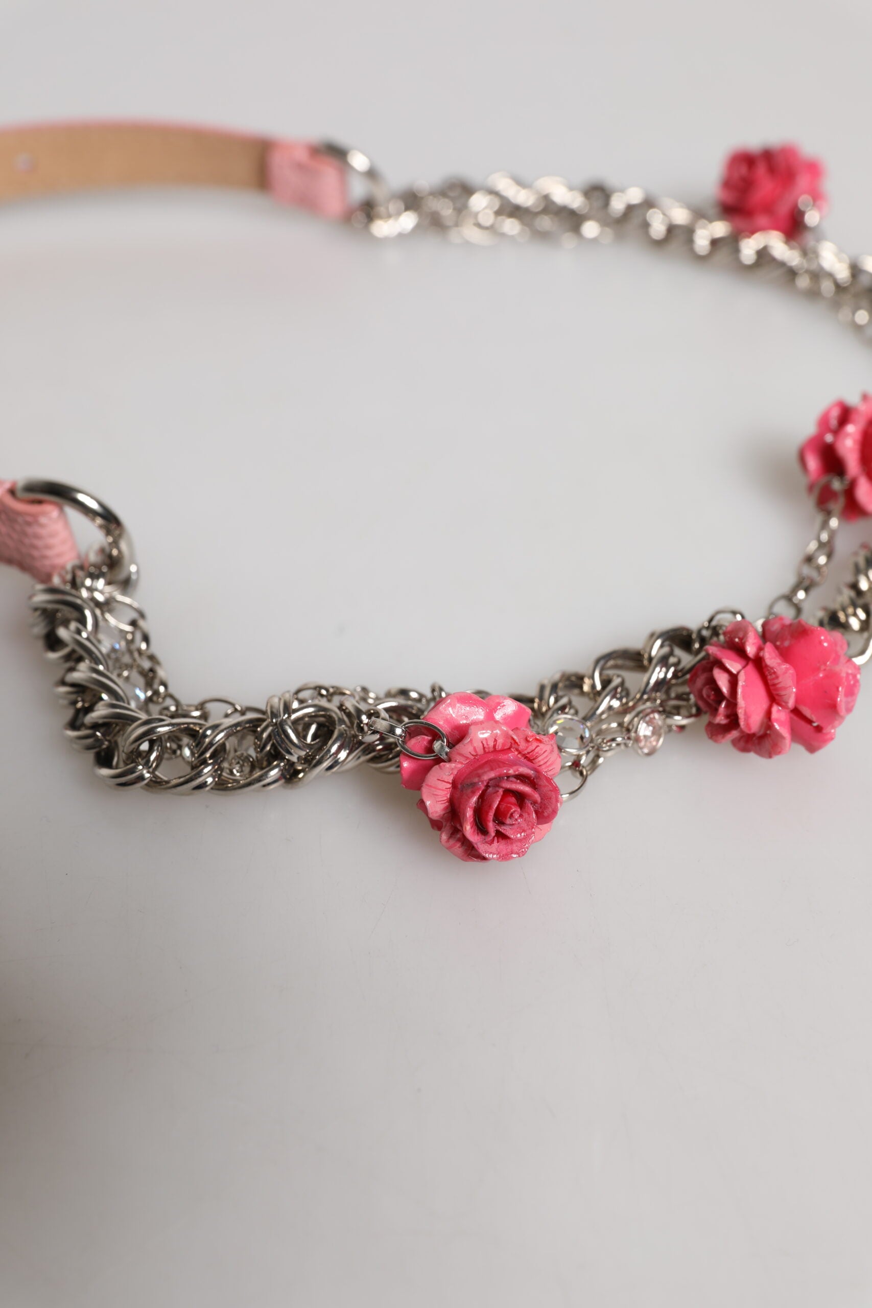 Dolce & Gabbana Pink Decorated Rose Textured Leather Belt-4