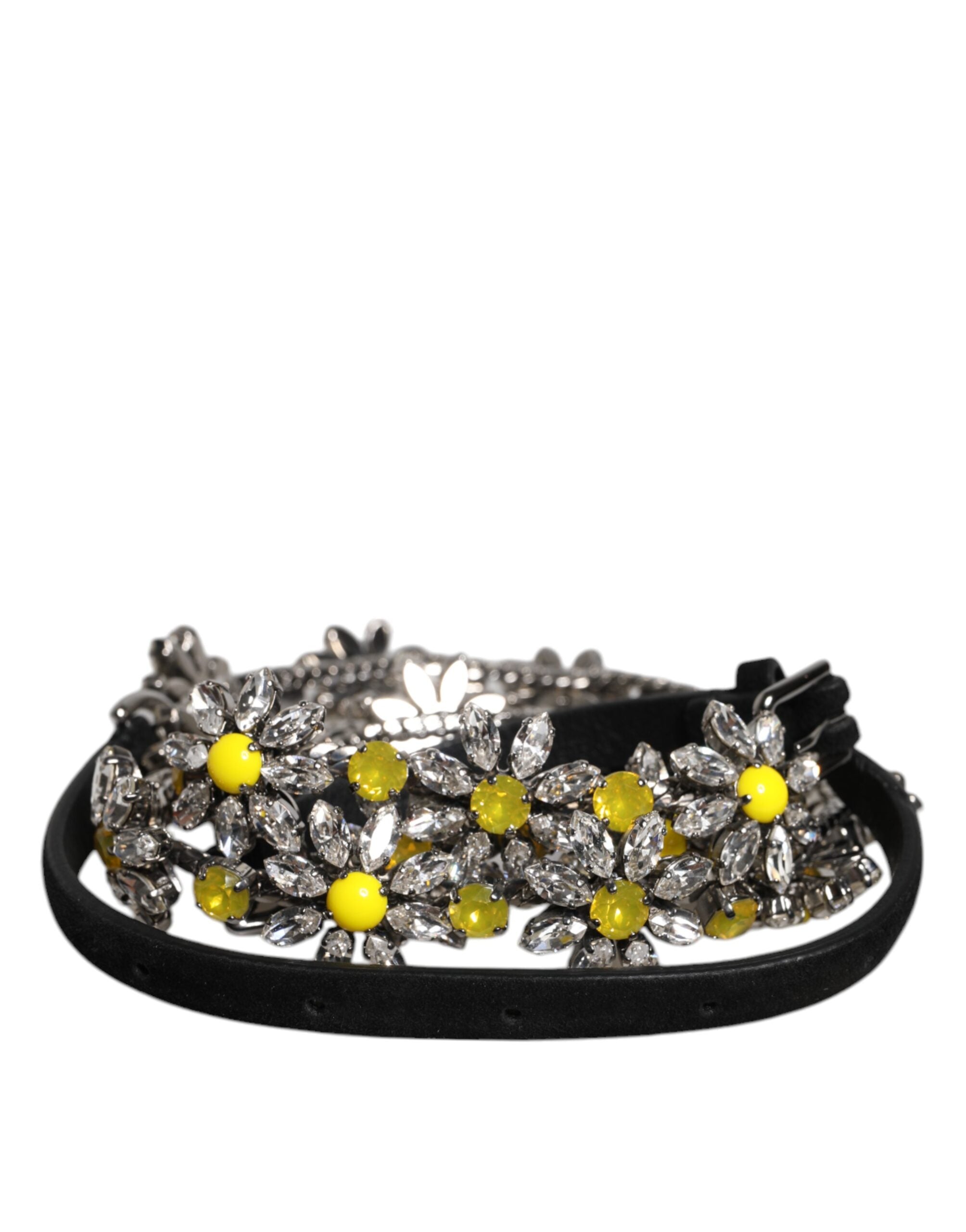 Dolce & Gabbana Schwarzer Leder Gänseblümchen Kristall verschönern Gürtel-1