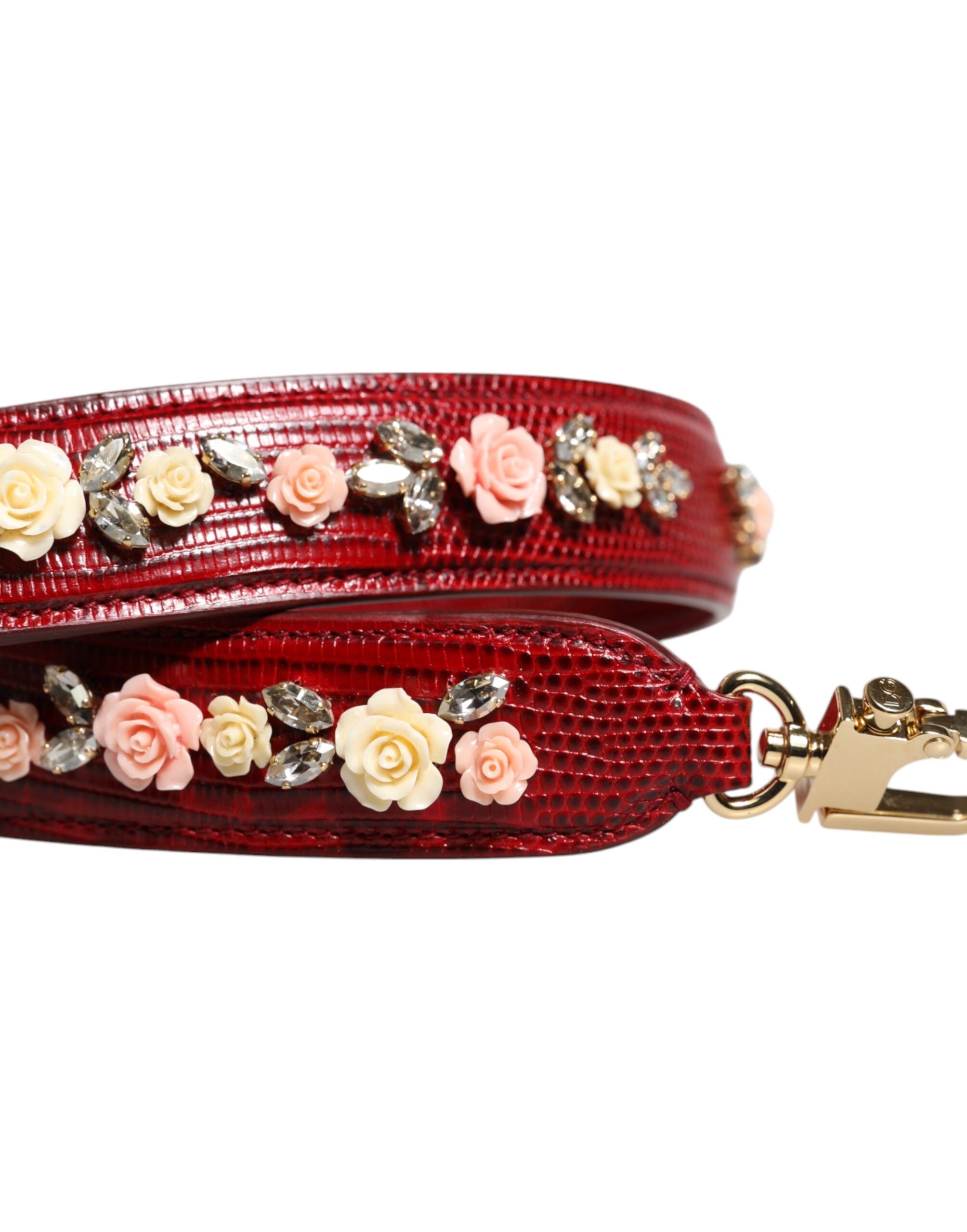 Dolce & Gabbana Red Leather Bag with Floral Embellishment Shoulder Strap-4