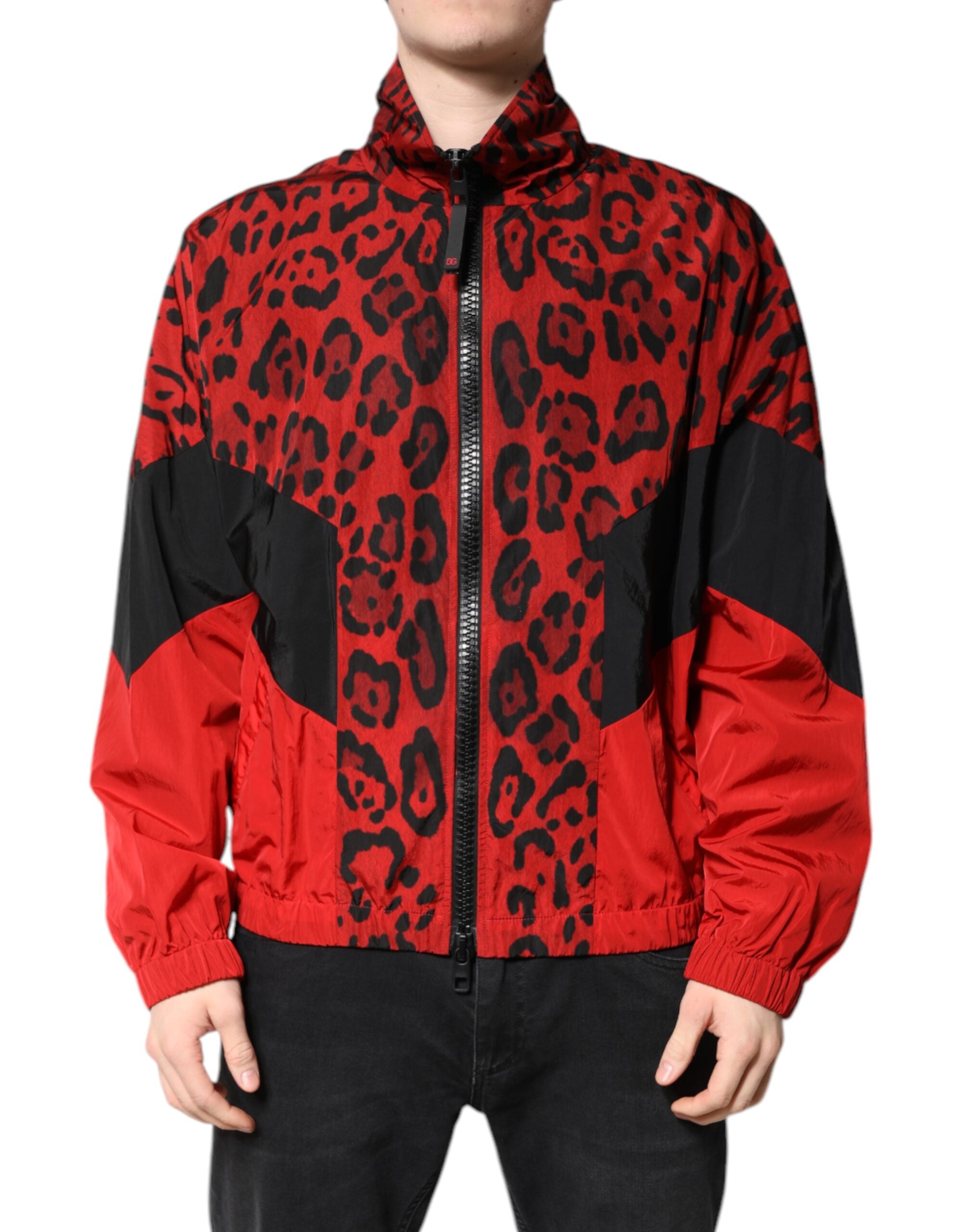 Dolce & Gabbana Red Leopard Nylon Bomber Jacket with Full Zip
