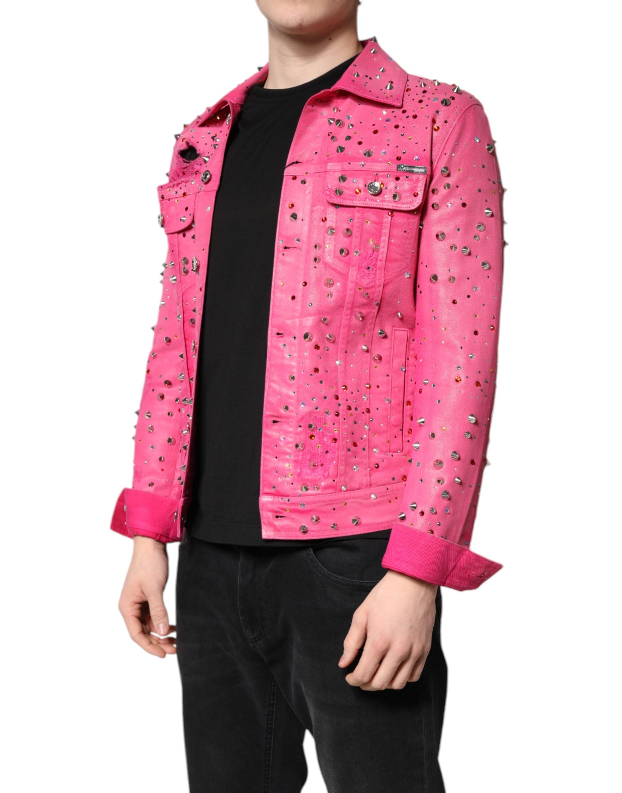 Dolce & Gabbana Pink Crystal Embellished Cotton Denim Jacket-3