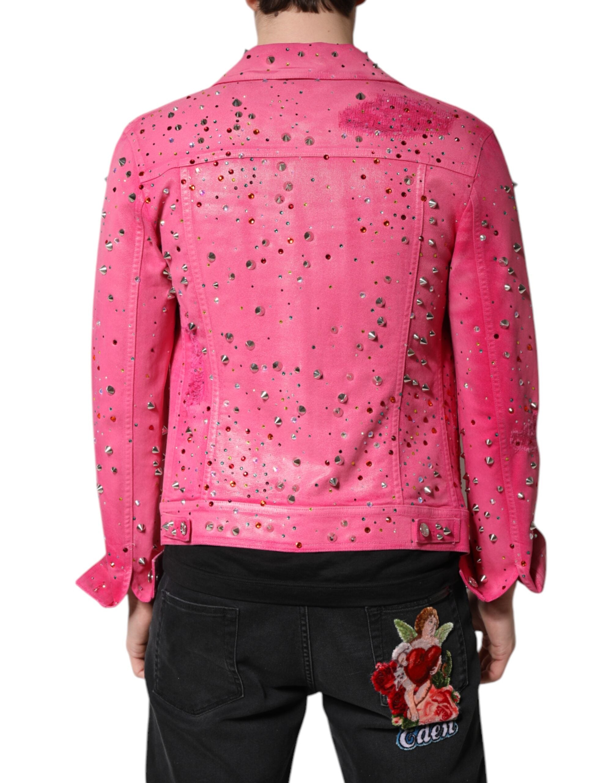 Dolce & Gabbana Pink Crystal Embellished Cotton Denim Jacket-4