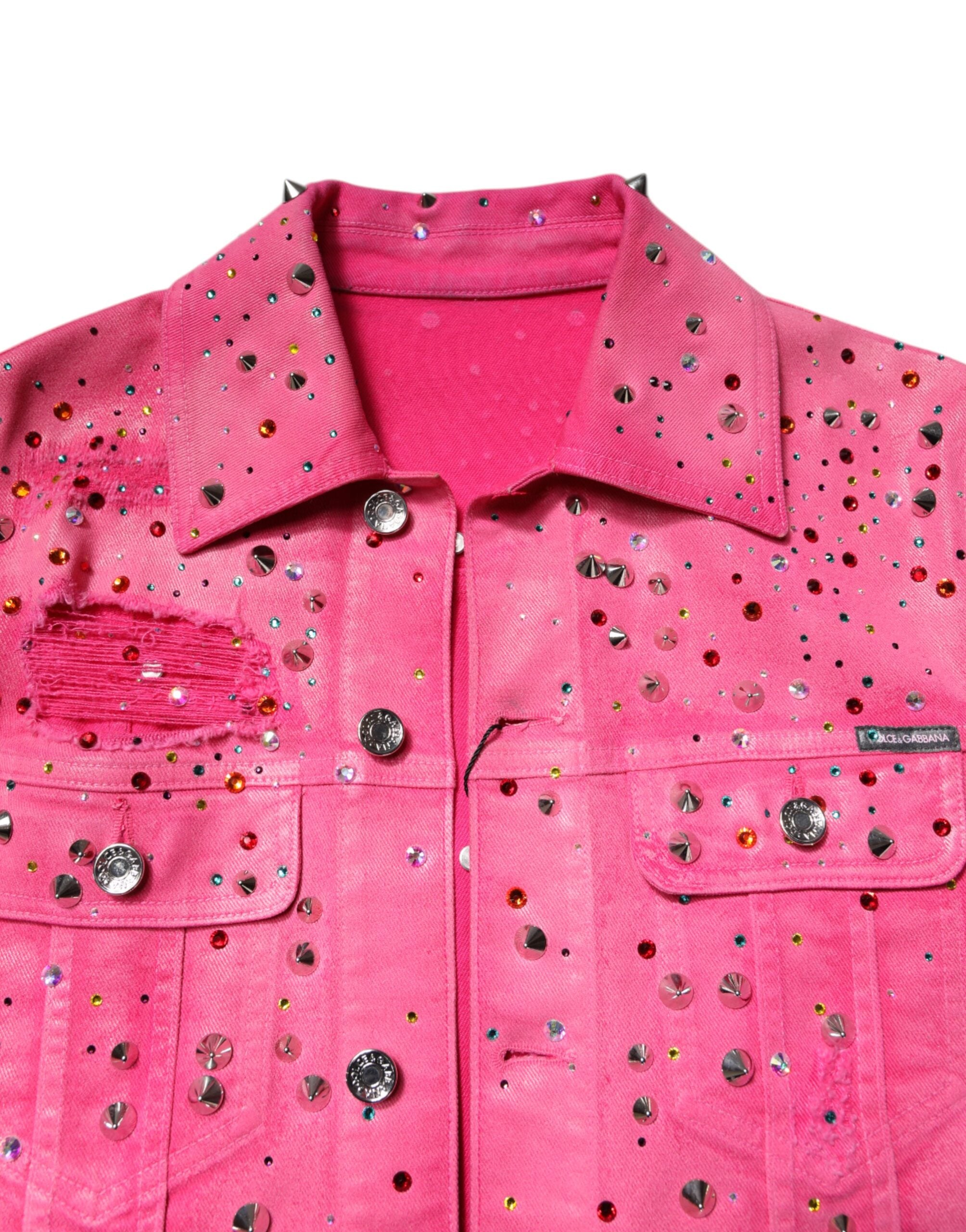 Dolce & Gabbana Pink Crystal Embellished Cotton Denim Jacket-5