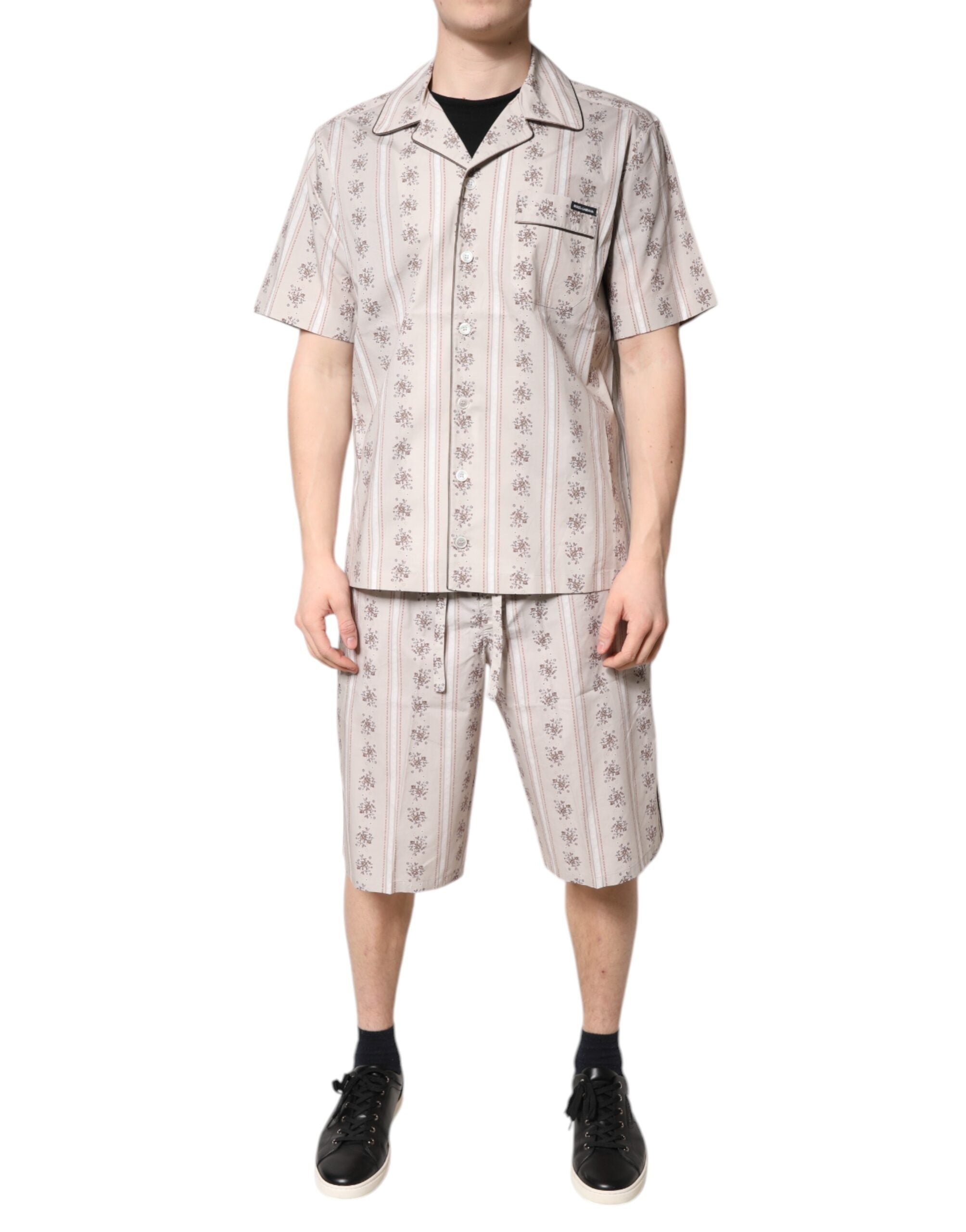 Dolce & Gabbana Beige Floral Print Cotton Men's Pyjama Set Sleepwear-2