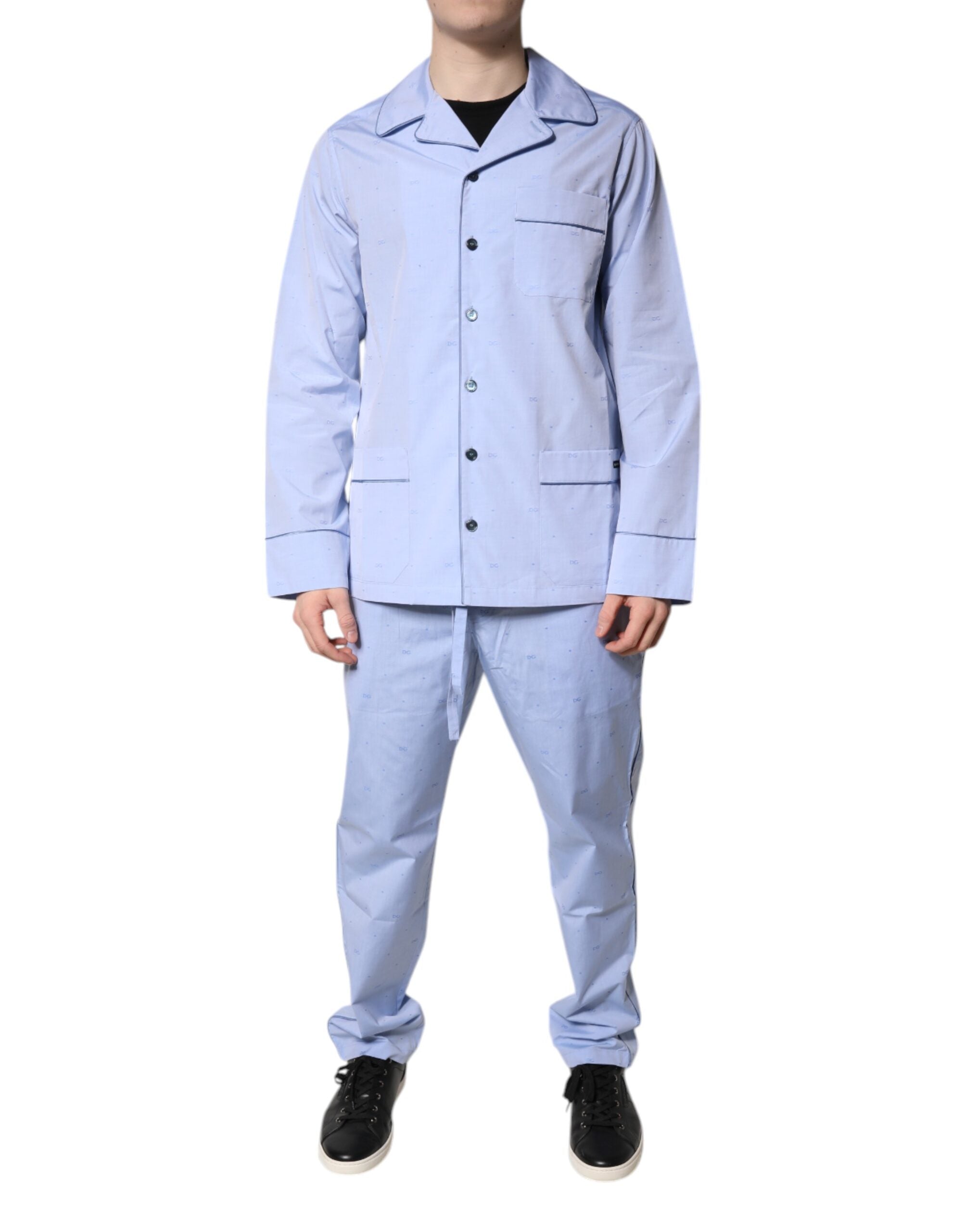 Dolce & Gabbana Light Blue DG Logo Cotton Men's Pyjama Set Sleepwear-1