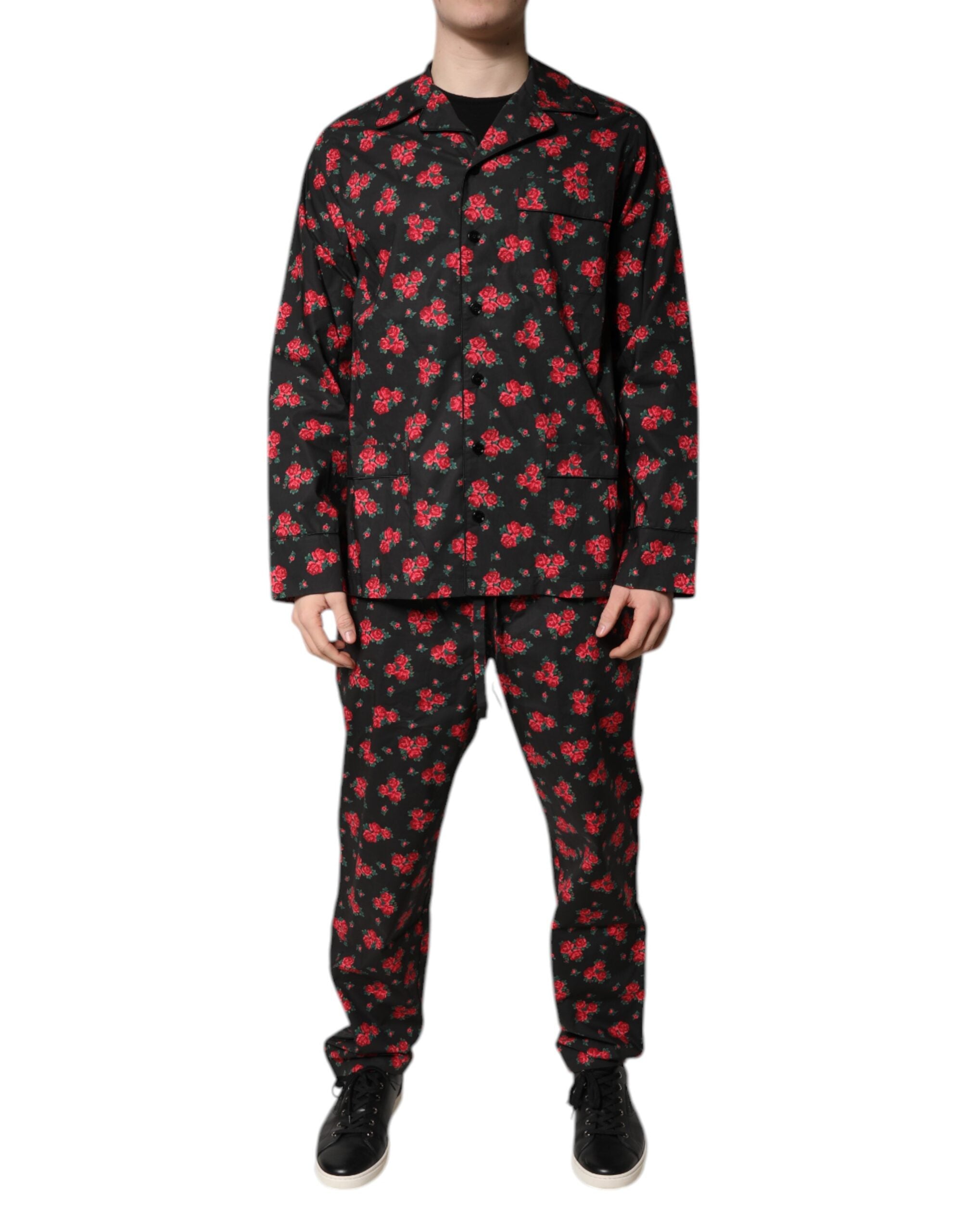 Dolce & Gabbana Black Floral Print Cotton Men's Pyjama Set Sleepwear-1