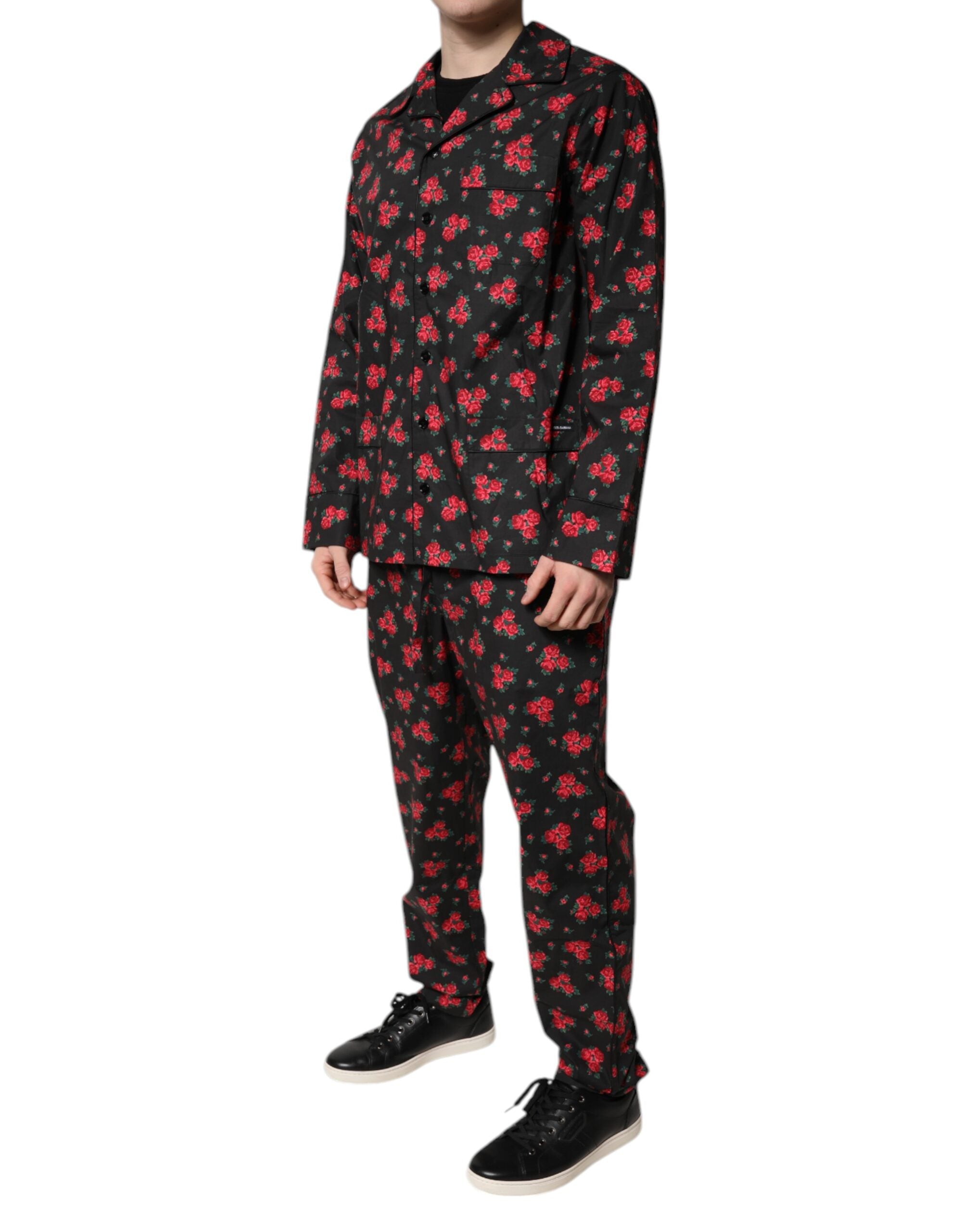 Dolce & Gabbana Black Floral Print Cotton Men's Pyjama Set Sleepwear-3
