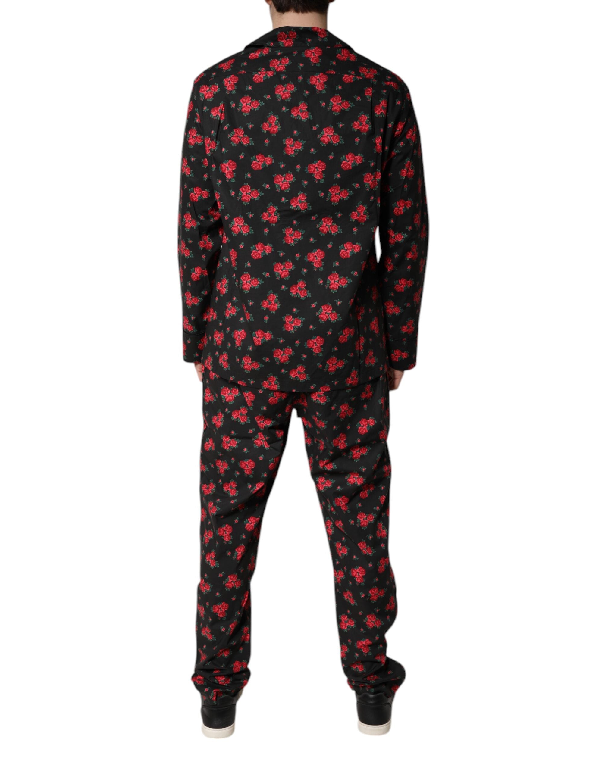 Dolce & Gabbana Black Floral Print Cotton Men's Pyjama Set Sleepwear-4