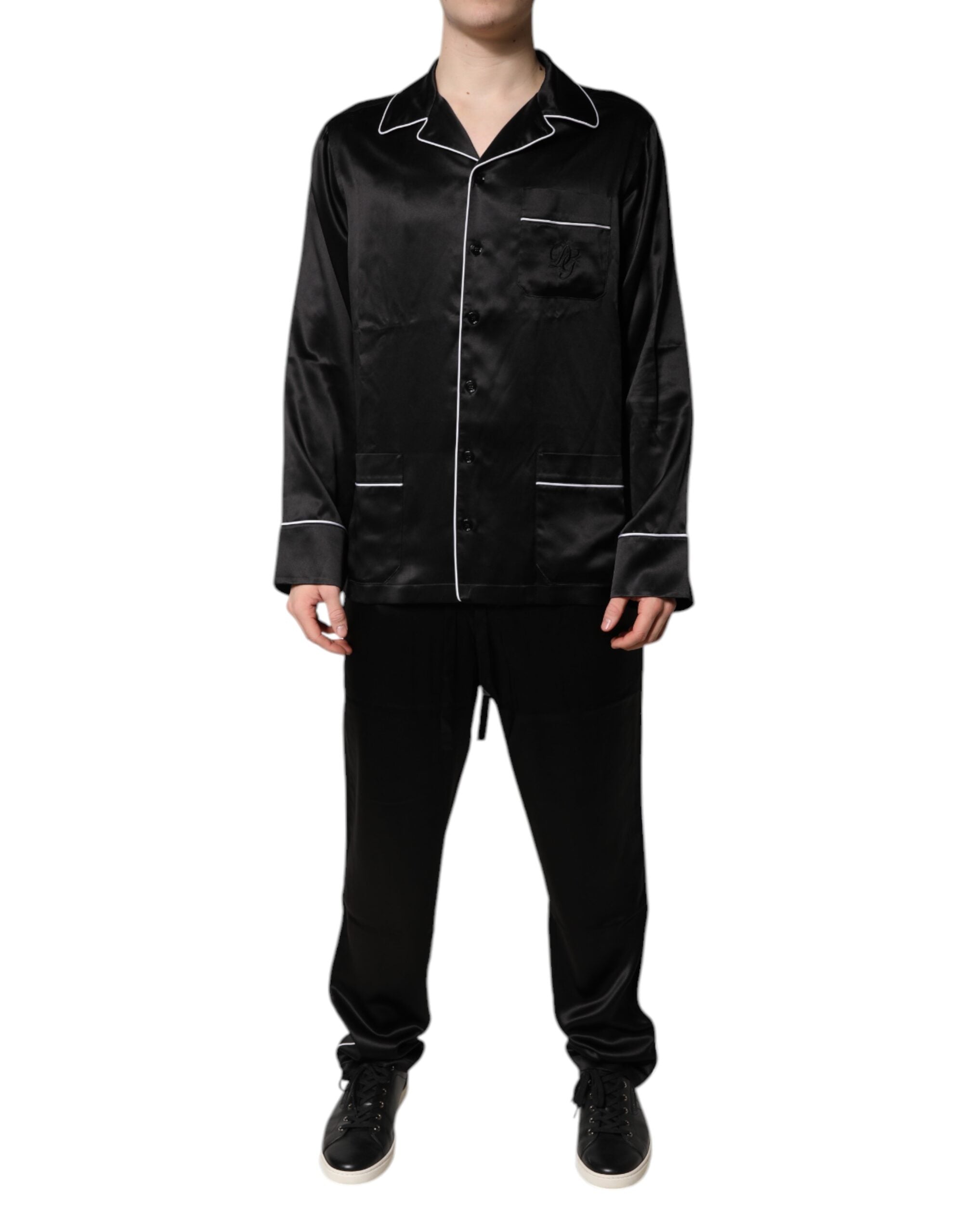 Dolce & Gabbana Schwarzes Seidenhemd Hose Pyjama Set Nachtwäsche-2