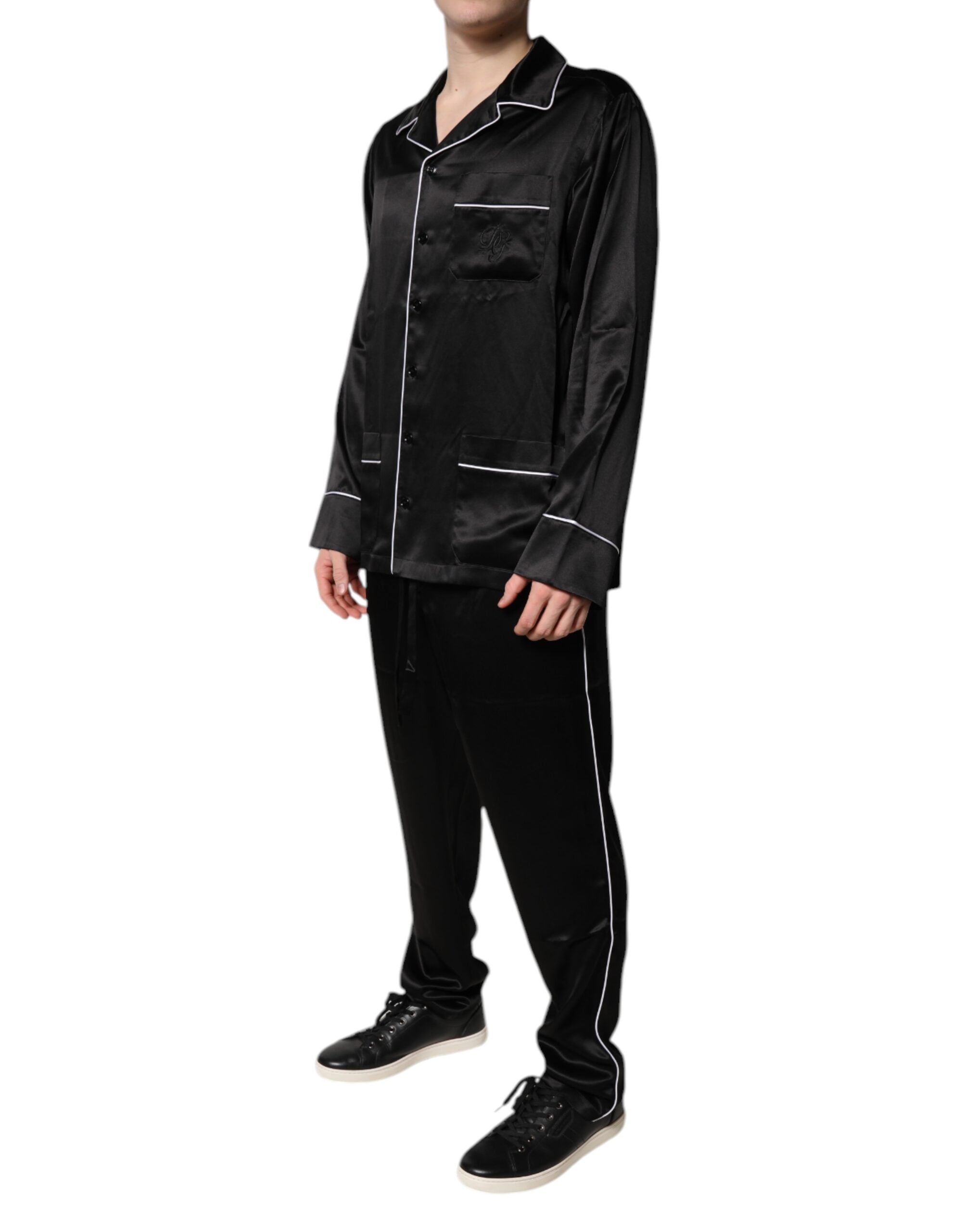 Dolce & Gabbana Schwarzes Seidenhemd Hose Pyjama Set Nachtwäsche-3