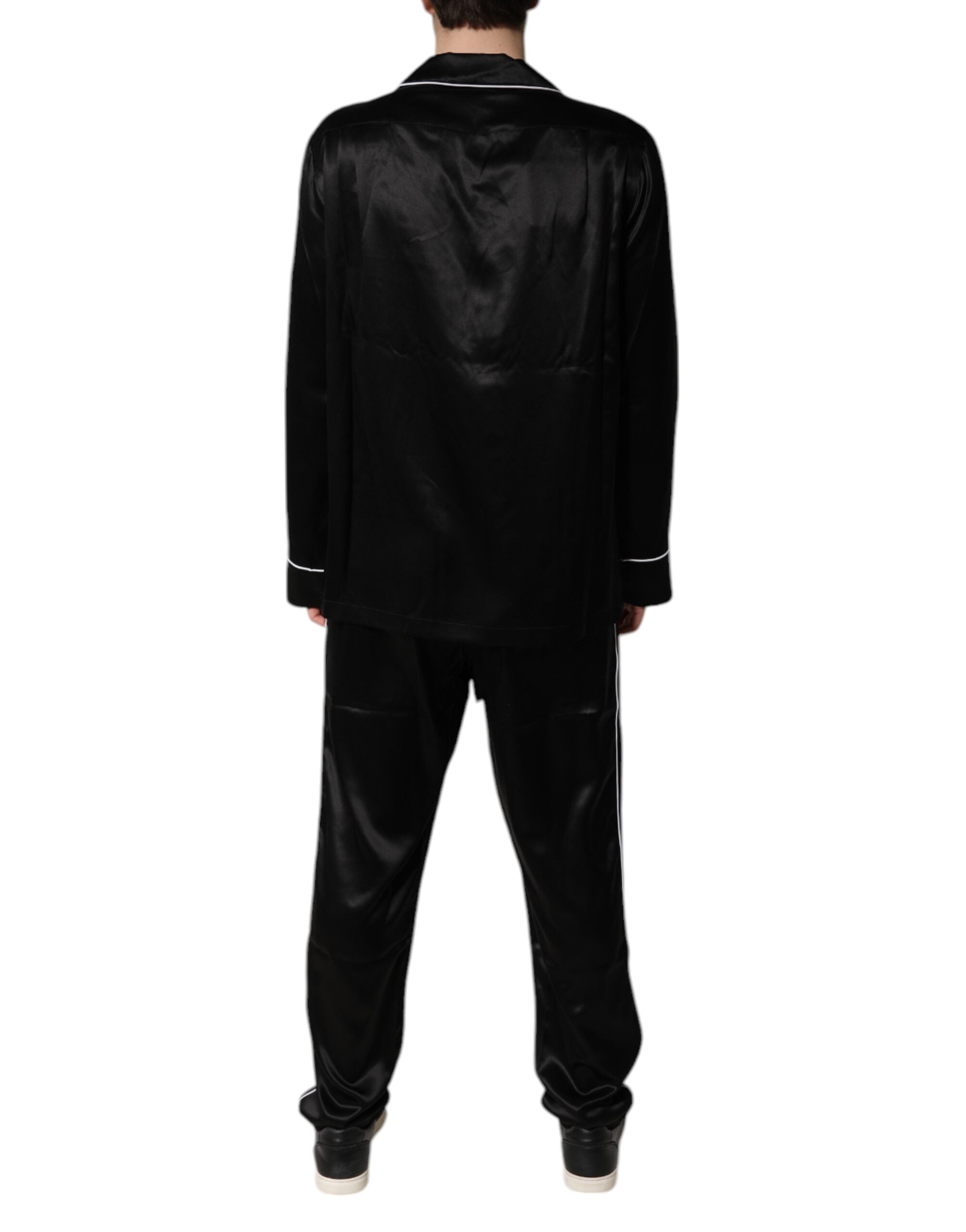 Dolce & Gabbana Schwarzes Seidenhemd Hose Pyjama Set Nachtwäsche-4