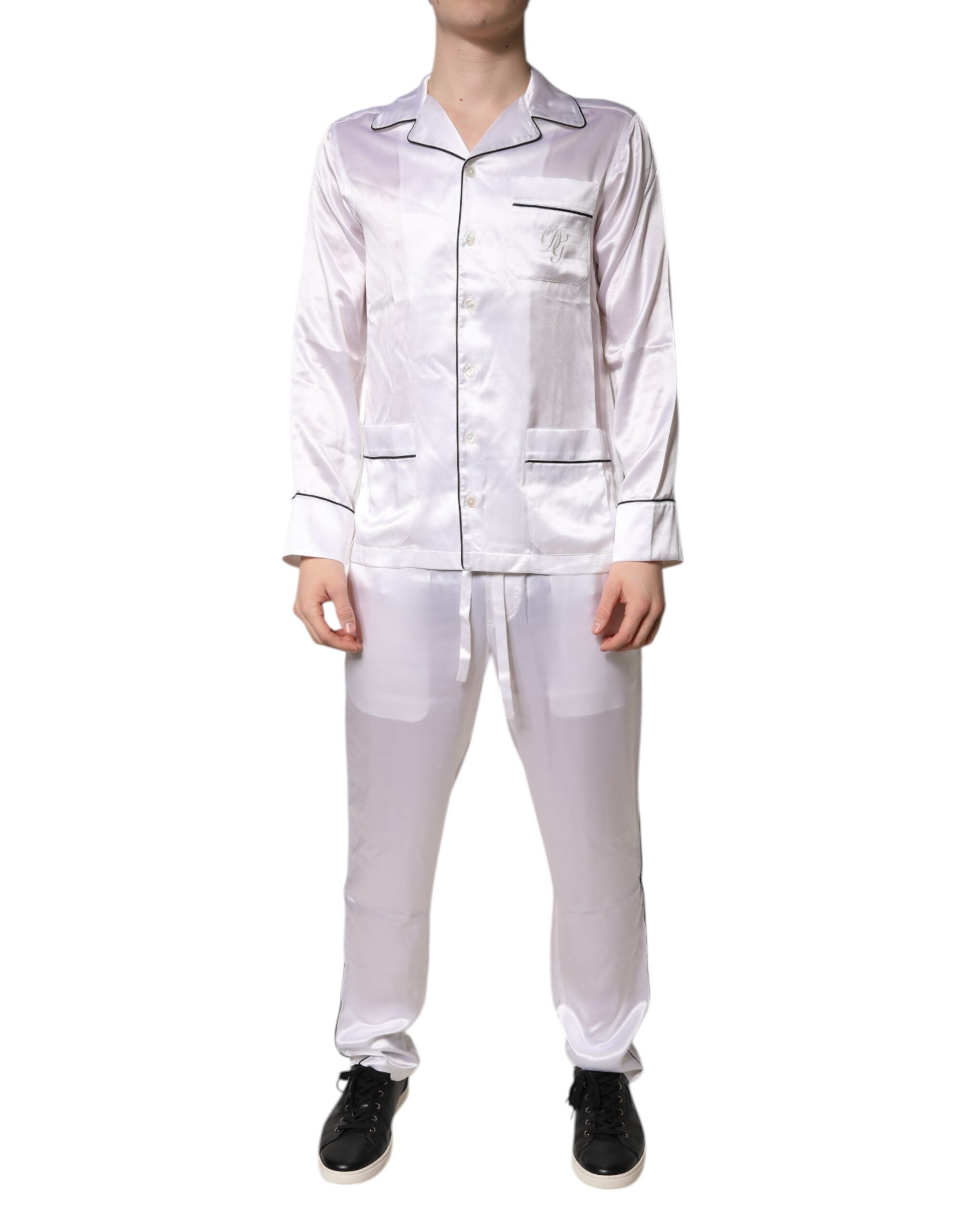 Dolce & Gabbana White Satin Silk Men's Pyjama Set Sleepwear-1