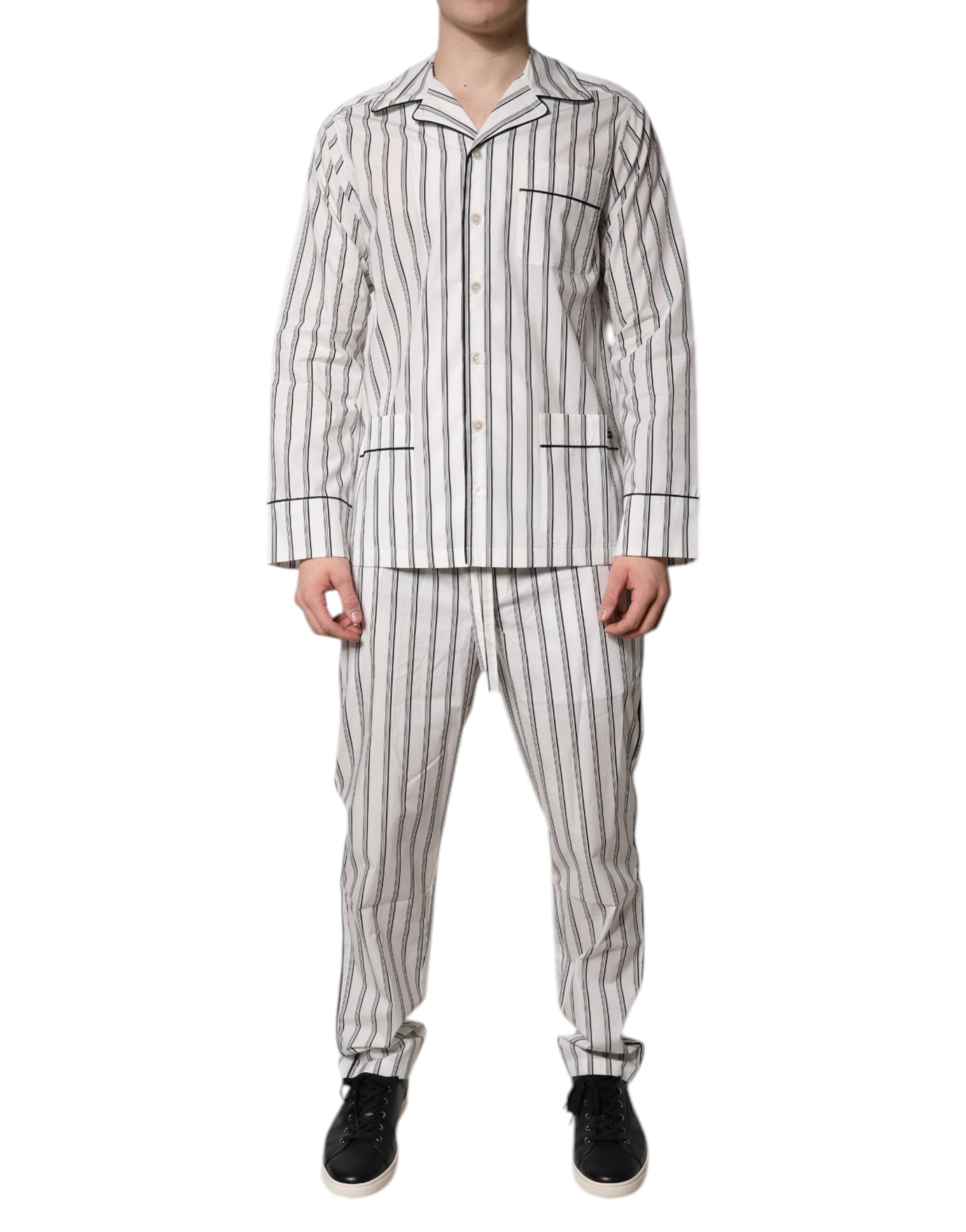 Dolce & Gabbana White Black Striped Cotton Men's Pyjama Set Nightwear-1