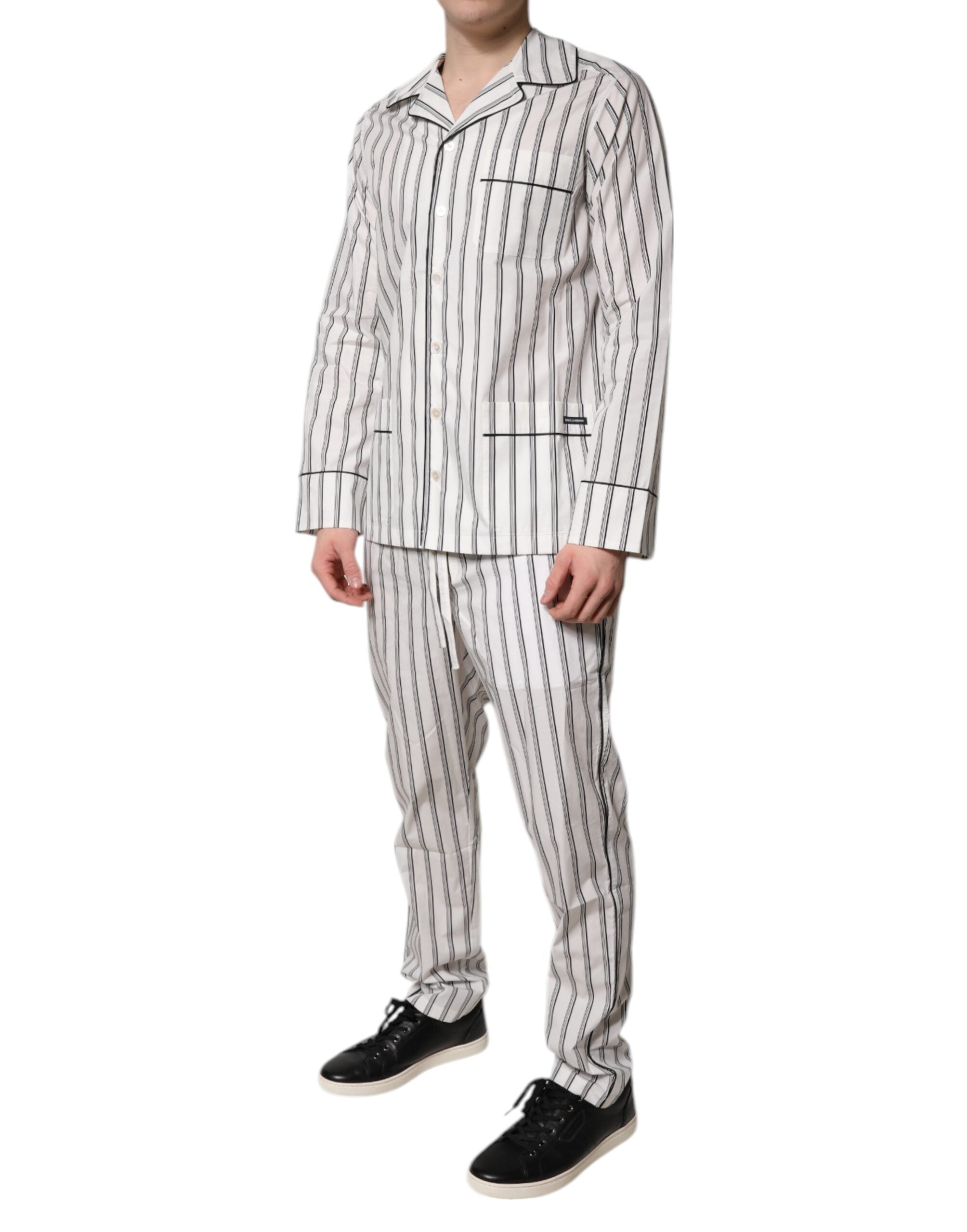 Dolce & Gabbana White Black Striped Cotton Men's Pyjama Set Nightwear-3